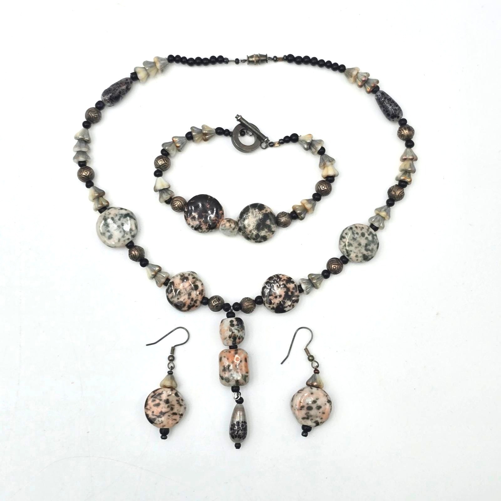 Vintage Handcrafted Dalmatian Jasper Jewelry Set Necklace Bracelet Earrings Boho