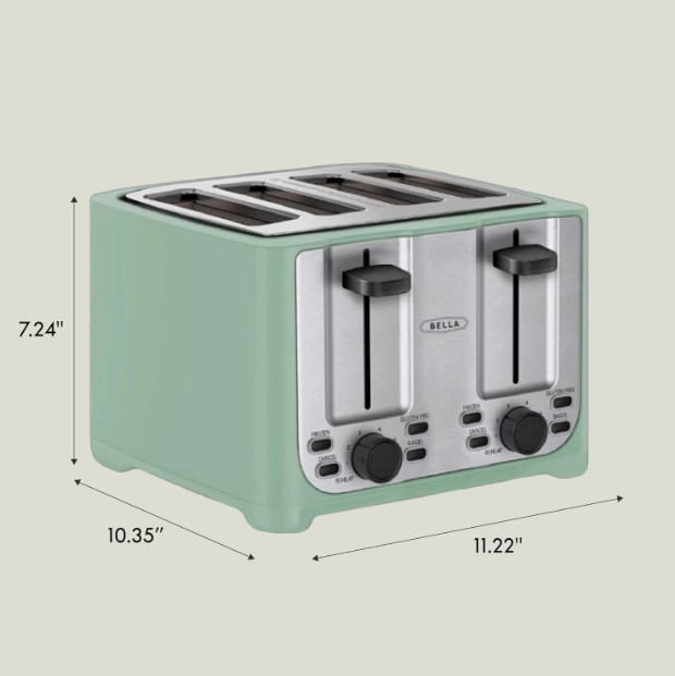 BELLA 4-Slice Toaster, Extra Wide Slots, Auto Shut-Off, Defrost, Reheat, Sage BELLA 4-Slice Toaster, Extra Wide Slots, Auto Shut-Off, Defrost, Reheat, Sage