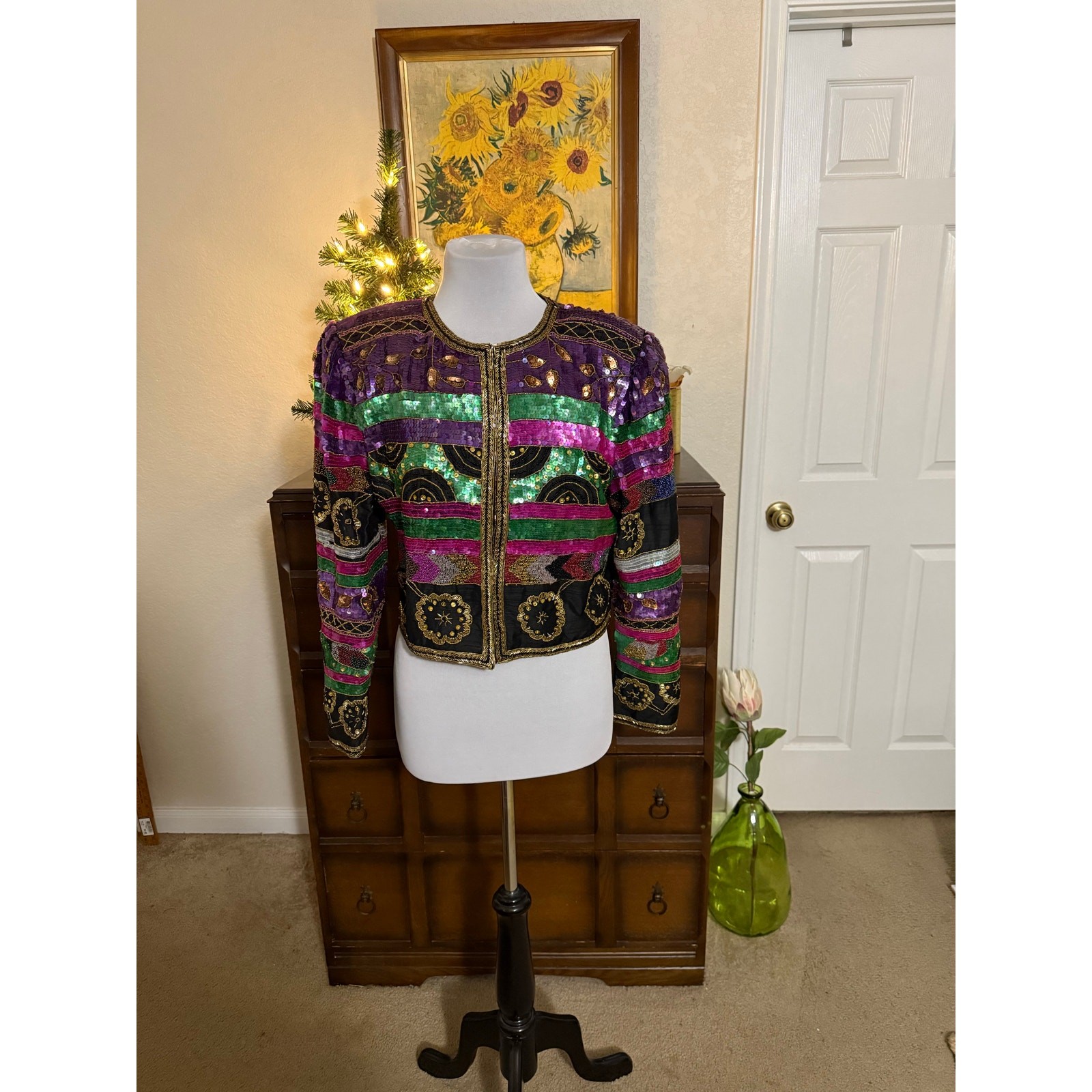 Lawrence Kazar Vintage 1980s Sequin Cropped Jacket XL | Purple Green Beaded Silk