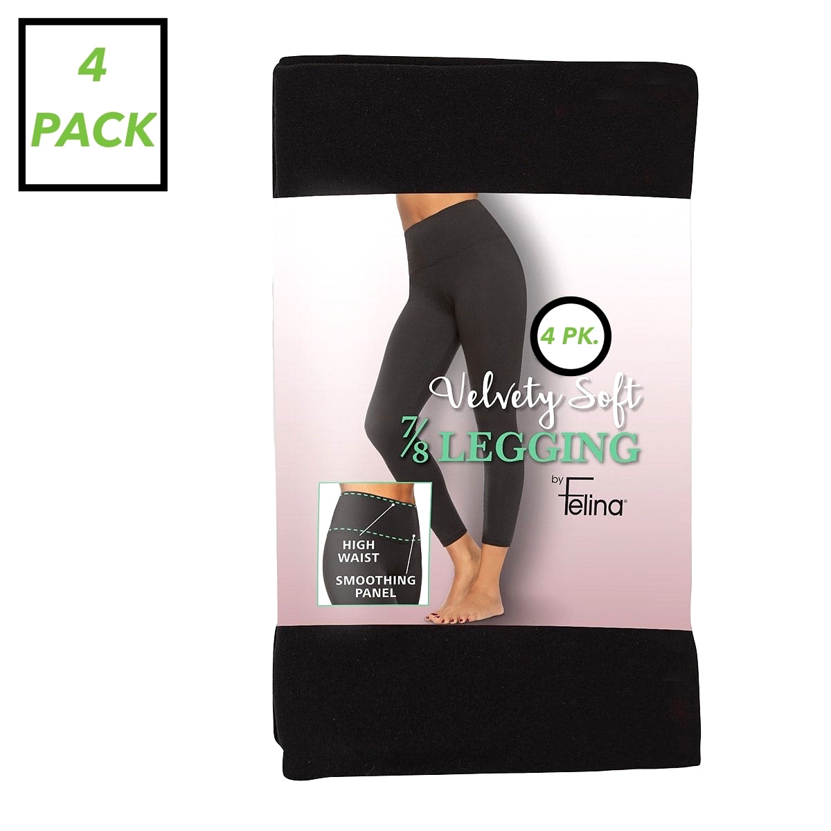 4 Pk. Felina Women\'s Velvety Soft 7/8 Legging, Small Black -casual, Yoga, Travel