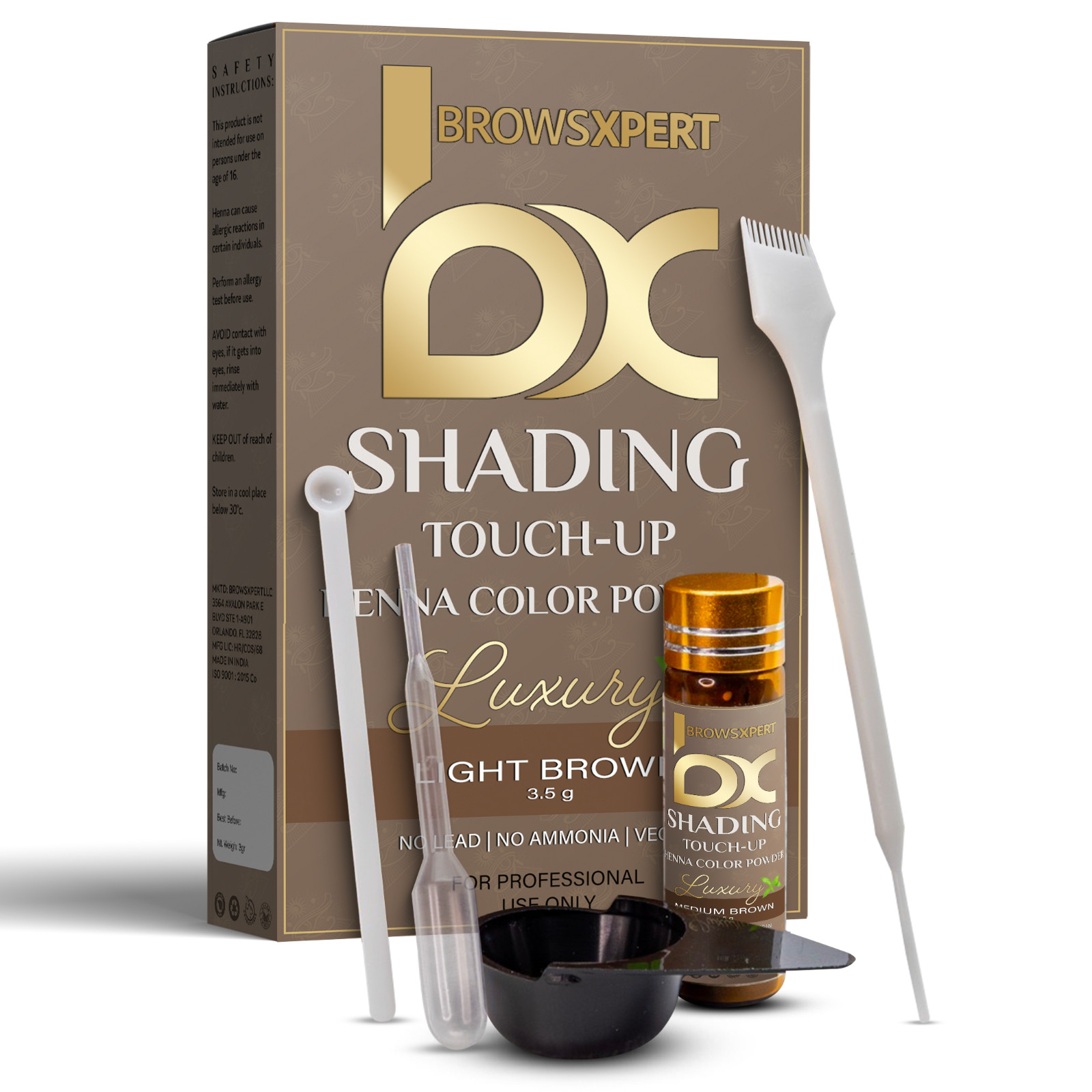 BROWSXPERT Brow Henna Shading Touch-Up Kit, Color Powder 3.5g Light Brown