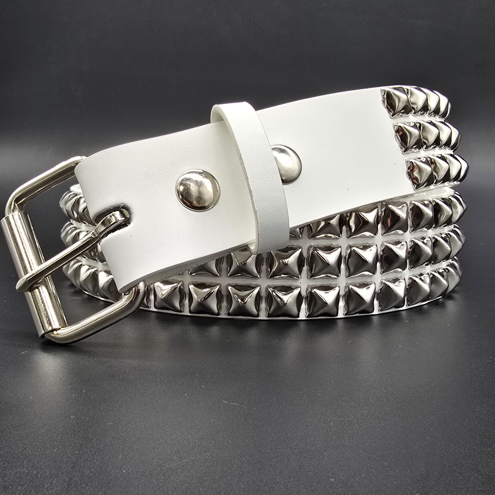 White Genuine Leather  Pyramid Studded USA Made Three Row Belt  Punk Rave Goth