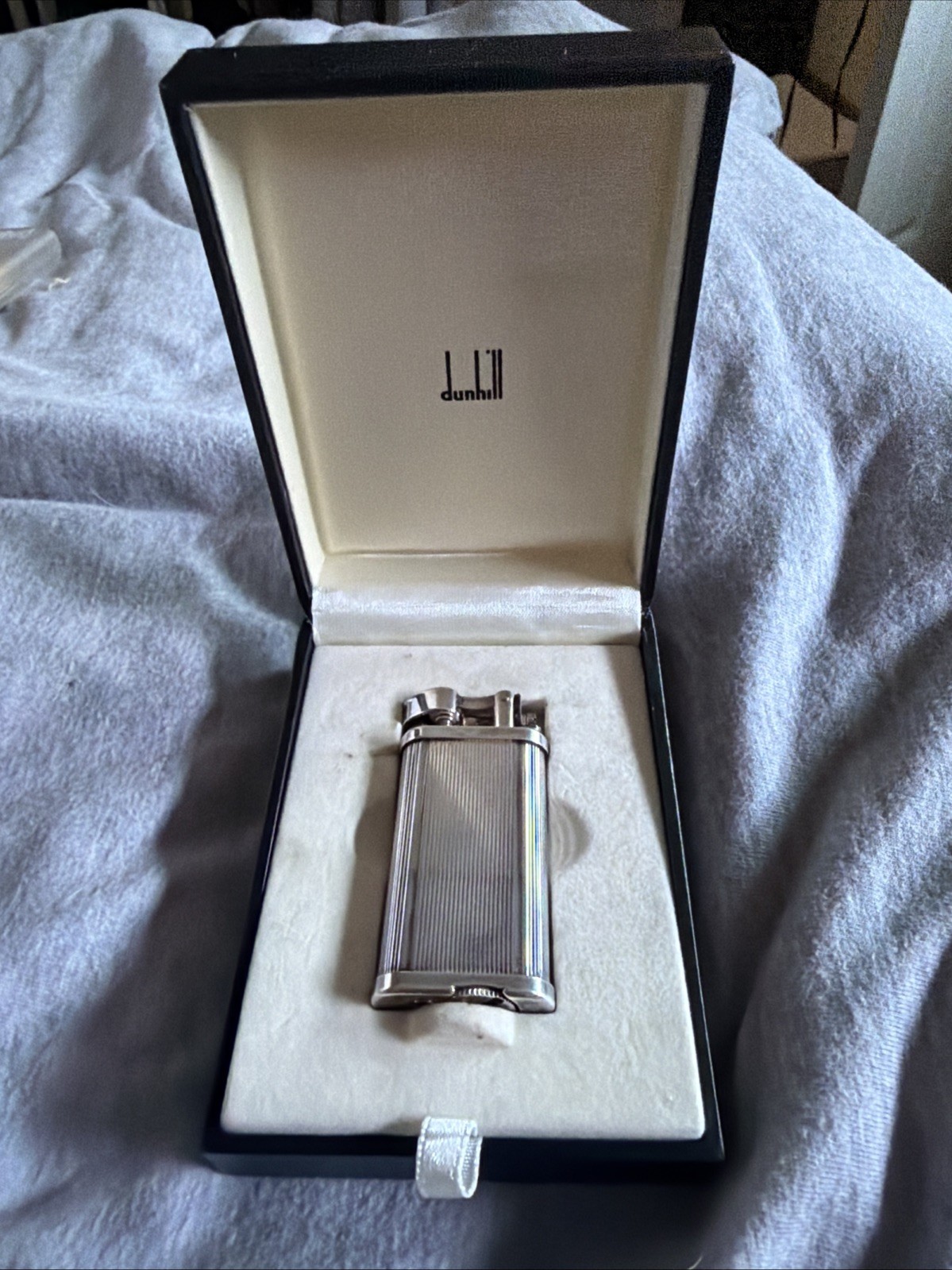 Vintage Dunhill Unique Lines Silver Plate Lighter #467377 With Box Vintage Dunhill Unique Lines Silver Plate Lighter #467377 With Box