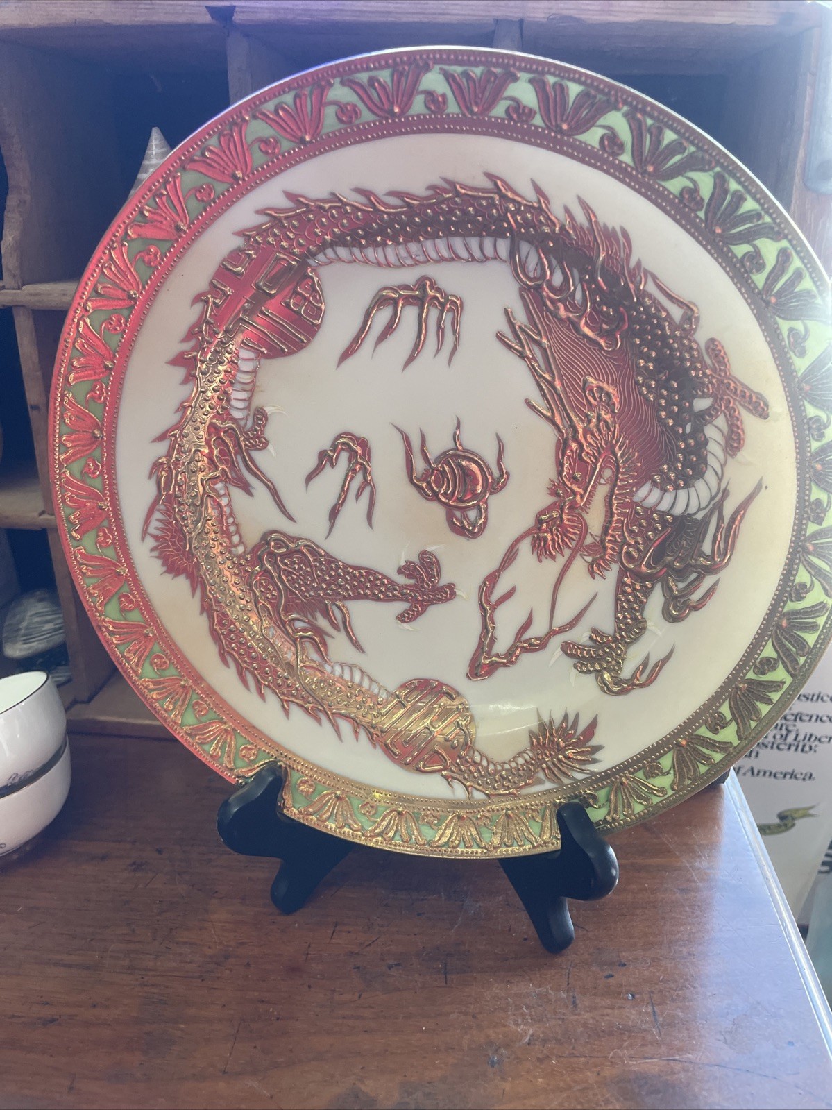 Antique Vintage Nagoya Nippon SNB Gold Moriah Dragon Plate 