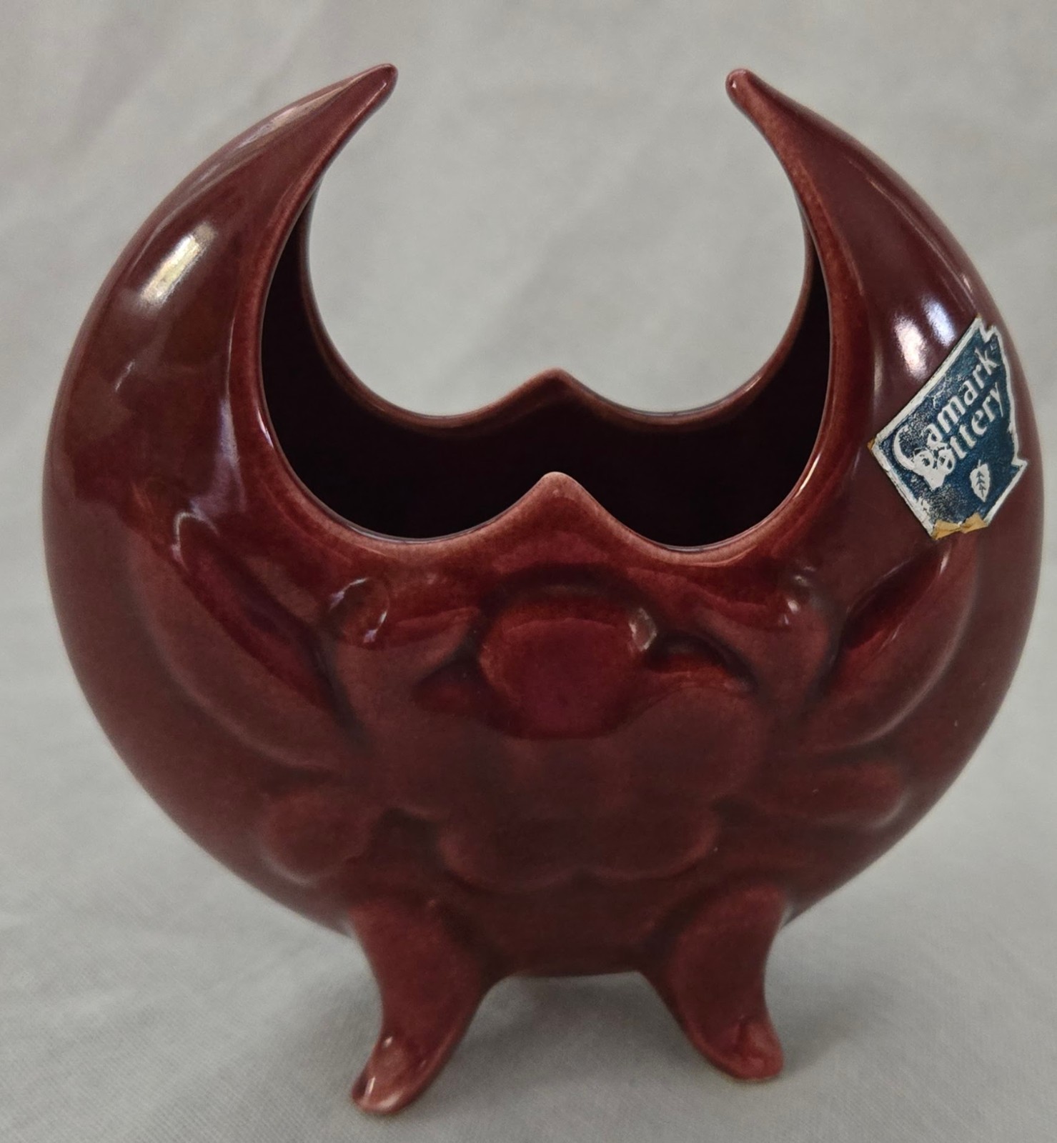 Vintage Camark Pottery Oxblood Burgundy Half Moon Planter Vase Label 4.5\