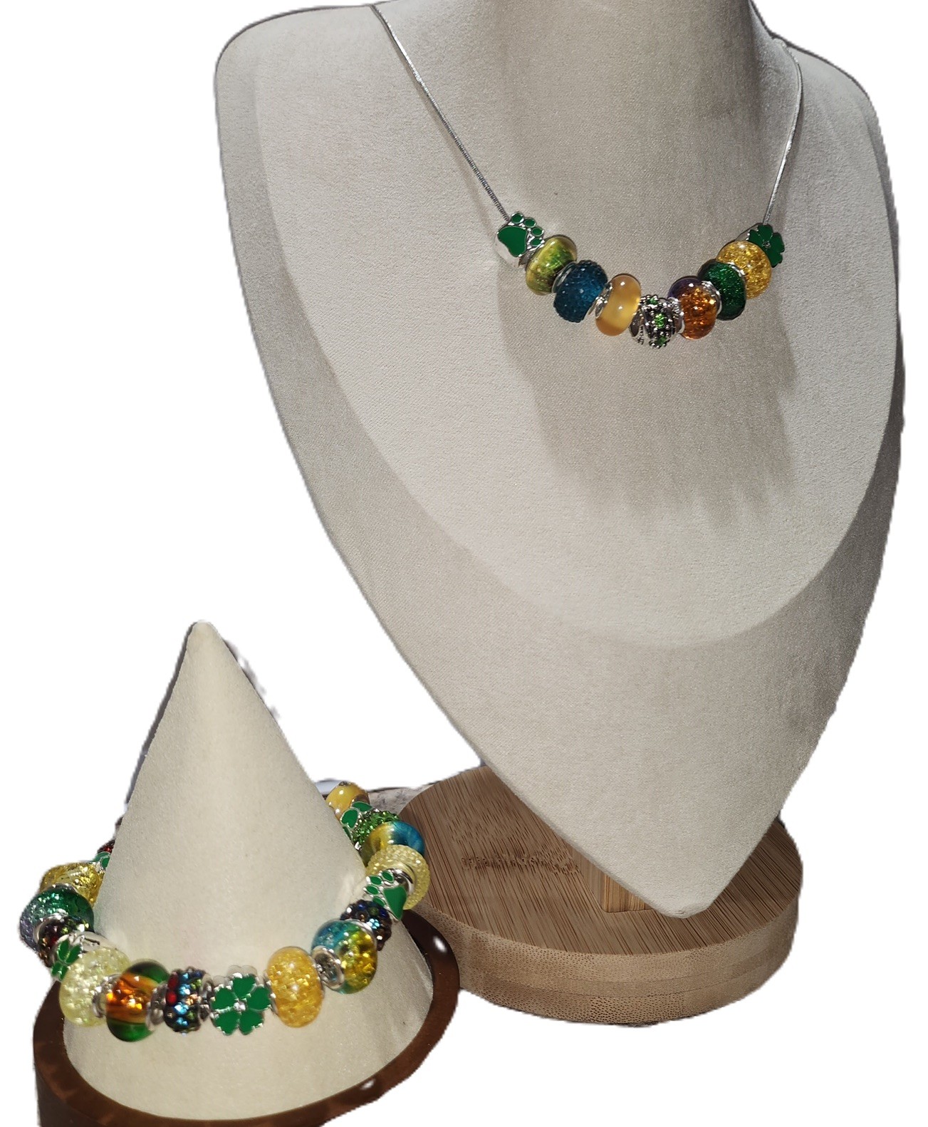 Hand Crafted Beaded Necklace & Bracelet Set Lucky Boho #2 Mutli-Greens & Clovers Hand Crafted Beaded Necklace & Bracelet Set Lucky Boho #2 Mutli-Greens & Clovers