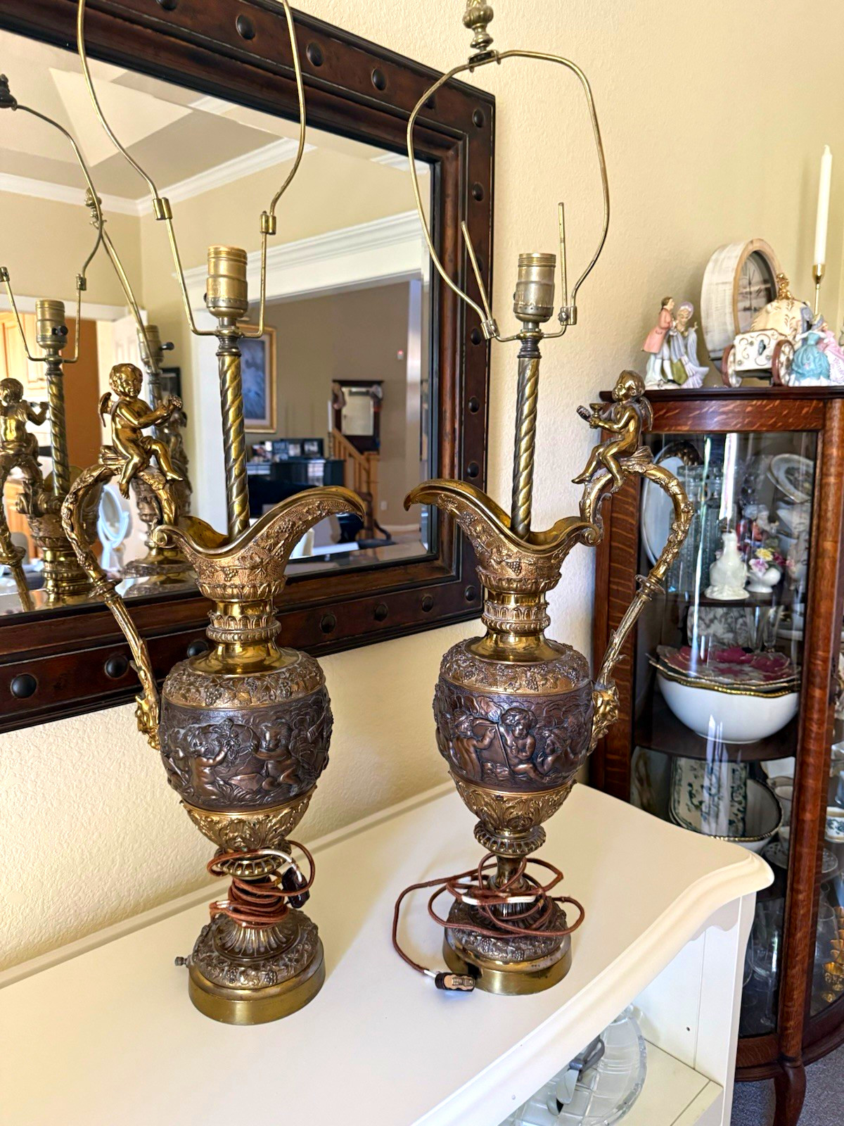 Vintage 19th century Metal Table Lamp Pair Antique Bronze Angel Cherub 28