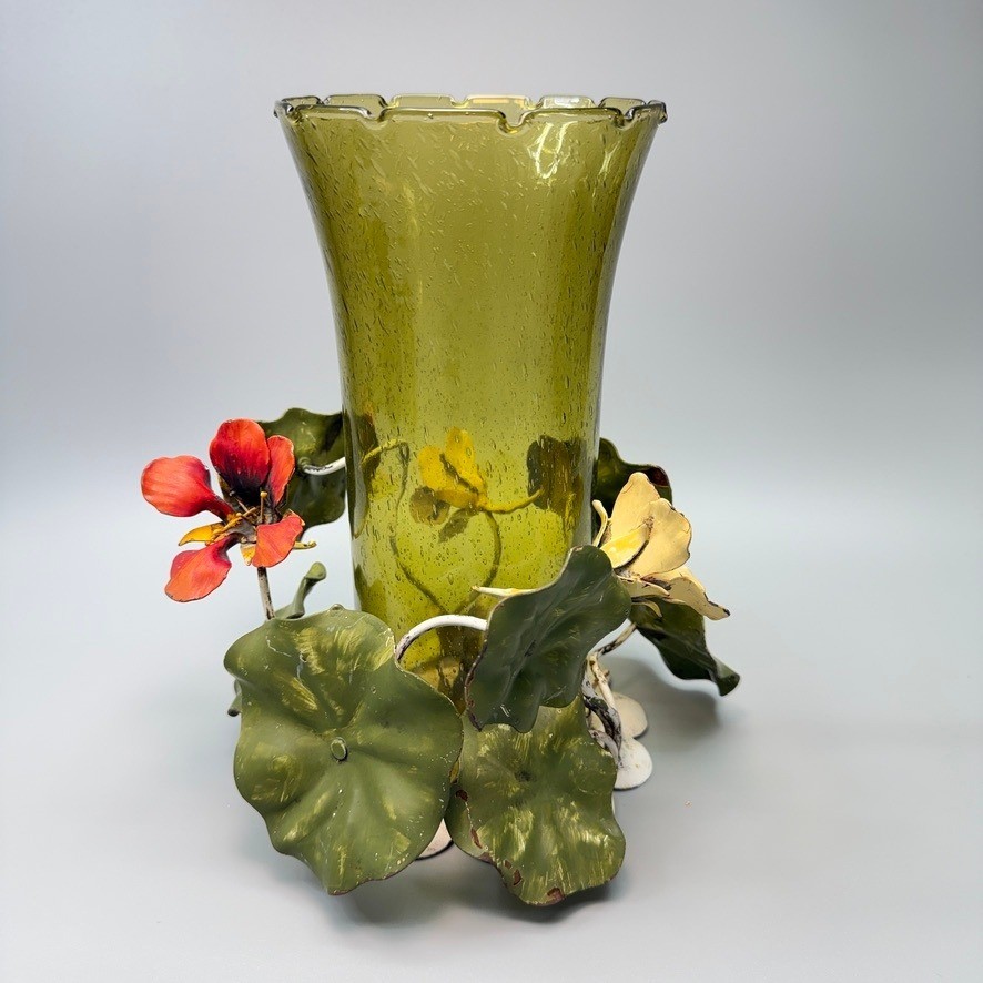 Vintage Walter Hatches Floral Tole Green Hurricane Glass Table Candle Holder
