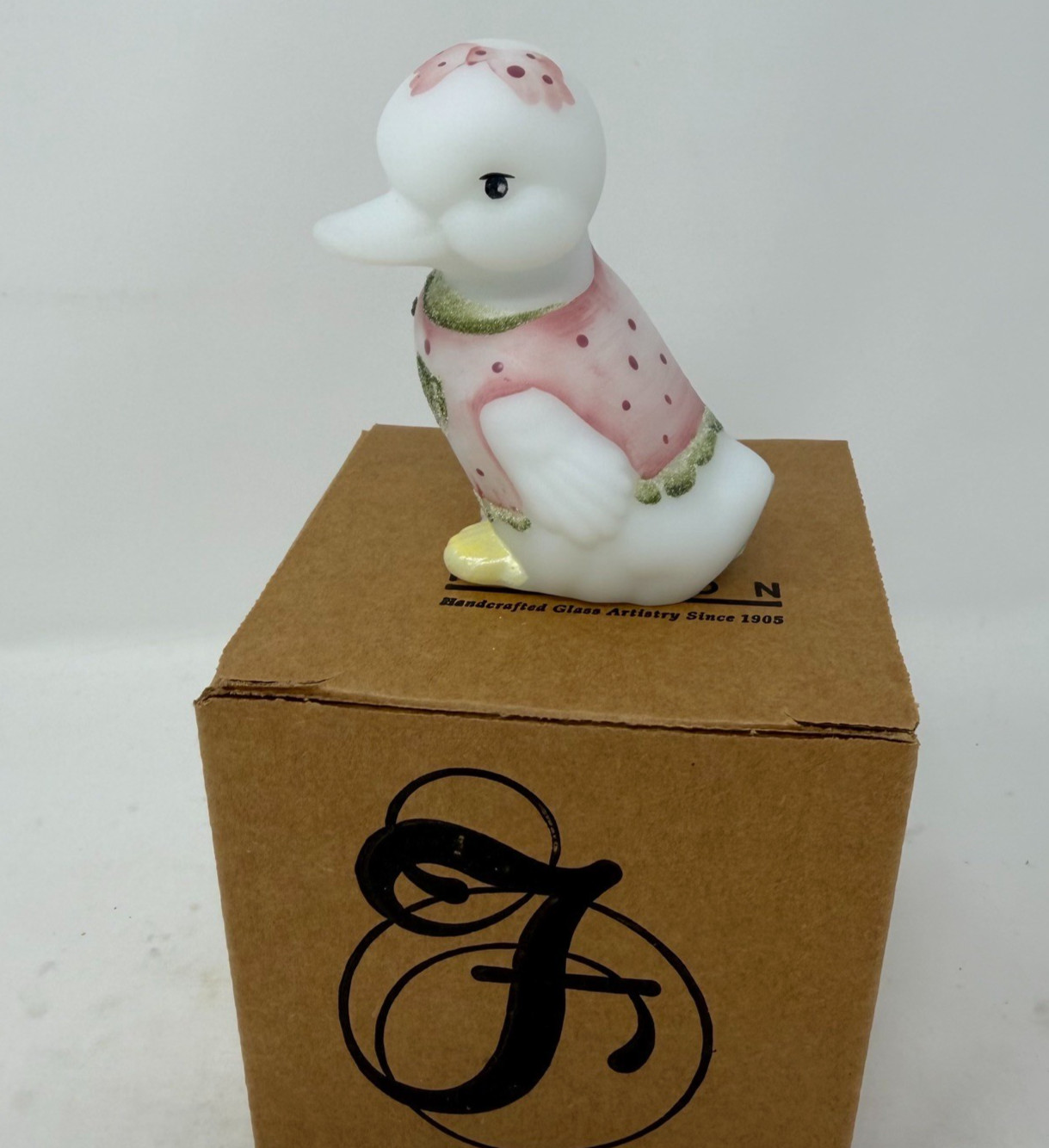 Fenton Art Glass Opal Christmas Duckling Hand Painted Signed TJ Mendenhall NEW Fenton Art Glass Opal Christmas Duckling Hand Painted Signed TJ Mendenhall NEW