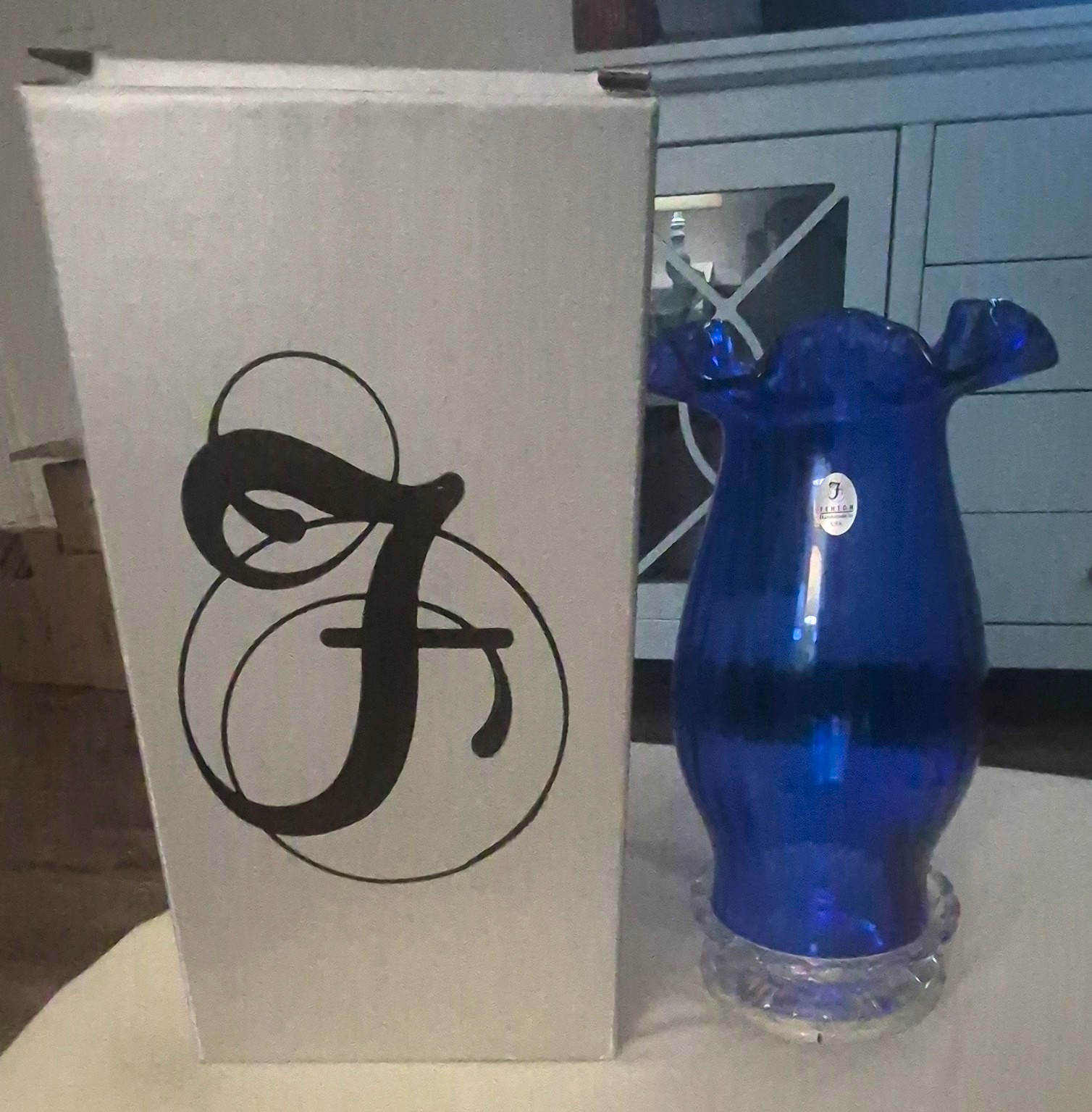 Fenton Blue & Clear Ruffled Pattern Glass Decorative Vase with Box Fenton Blue & Clear Ruffled Pattern Glass Decorative Vase with Box