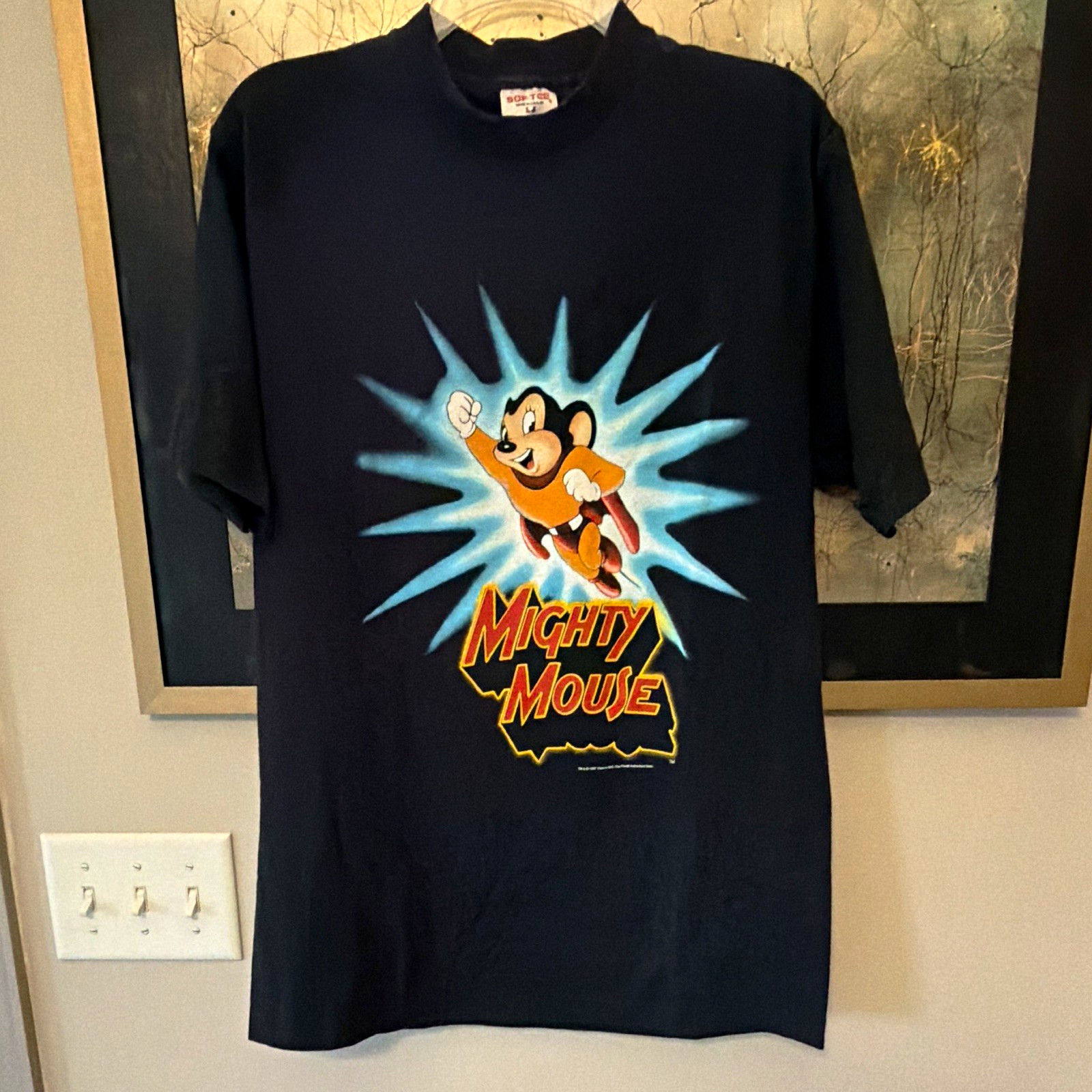 Vintage 90s Mighty Mouse T Shirt Large Tee Jays Made USA Black Cartoon Graphic