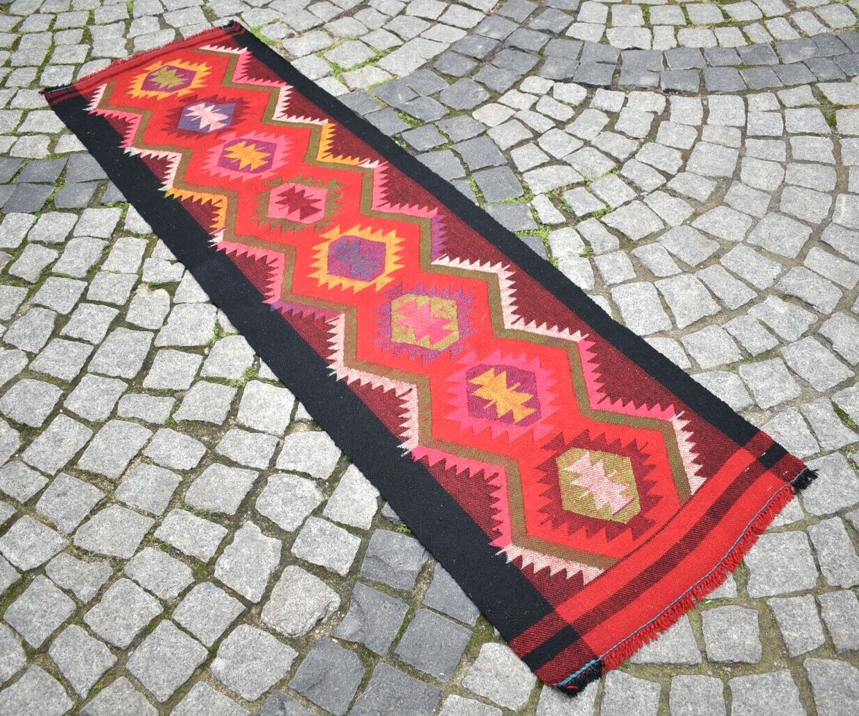 Vintage Caucasian Rug 23'' x 81'' Flat Woven Rug Hallway Rug Corridor Wool Rug