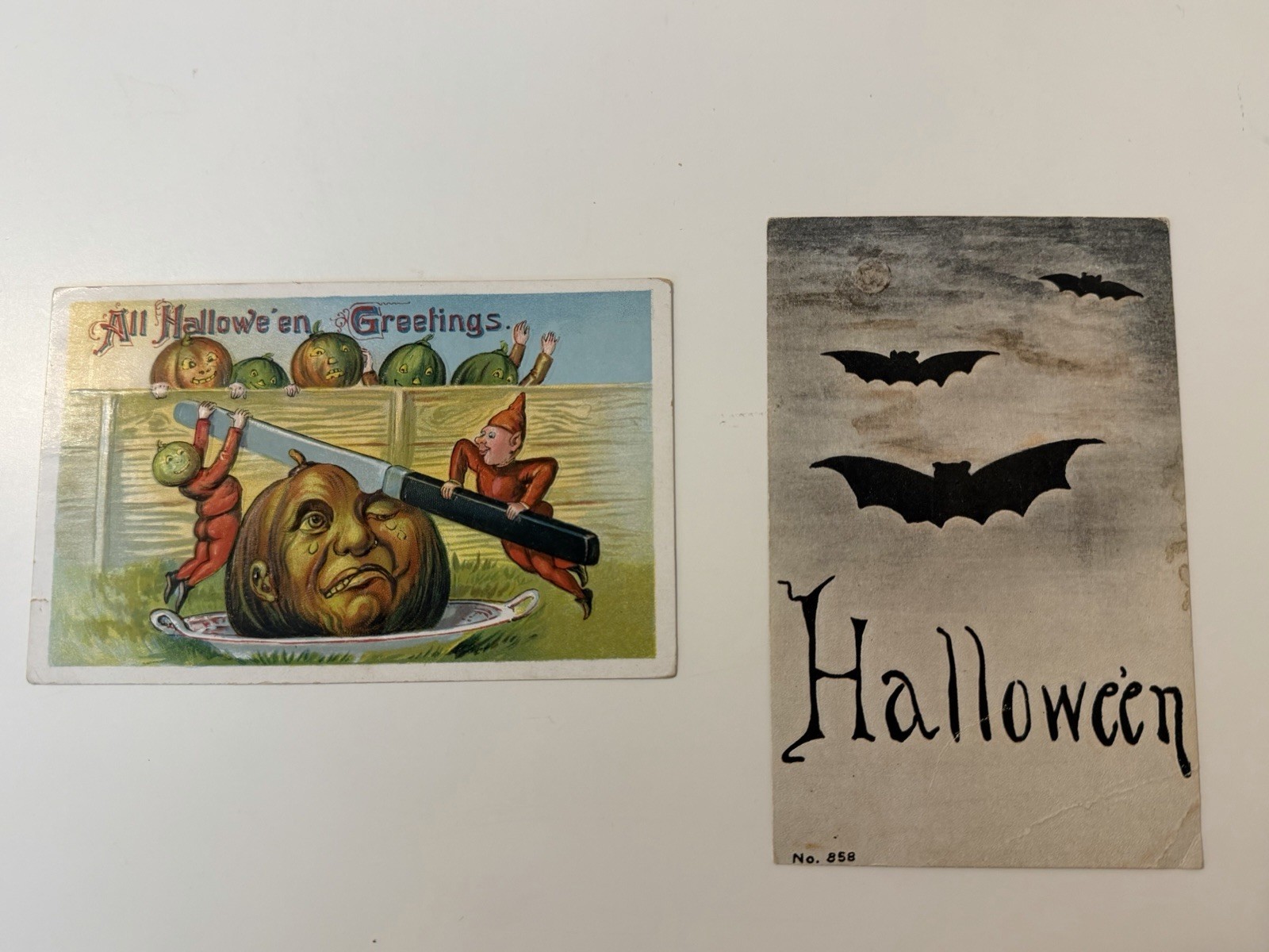 Lot of 2  Antique Halloween Postcards F.A. Owen Co Bats Pumpkin c1909/14