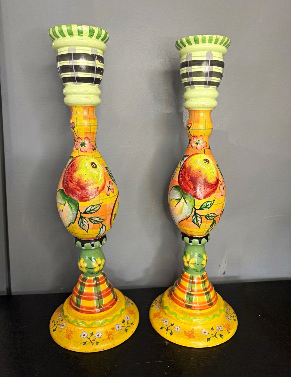 VTG Tracy Porter Signed Hand Painted Wood Candlesticks Pair Fruit Plaid Folk Art