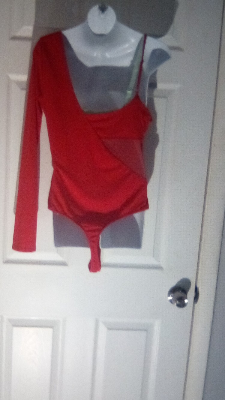 Fashion Nova Women’s Red Solid One-Shoulder Long Sleeve Mesh Bodysuit S