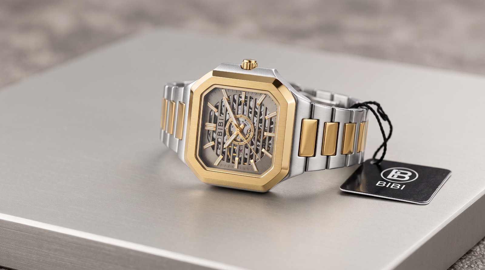 BIBI Luxury Automatic Skeleton Watch Two-Tone Bracelet NEW Box Tag