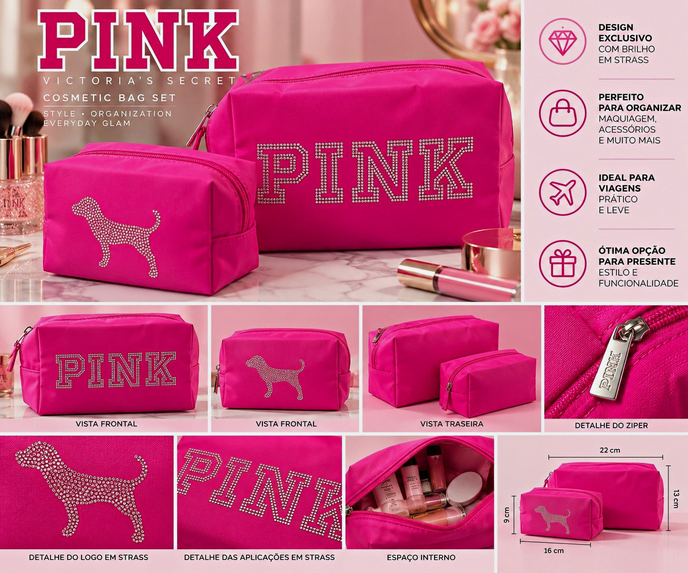 Victoria\'s Secret PINK Pink Makeup Bag Set Zipper Closure 22x9x13 cm Victoria\'s Secret PINK Pink Makeup Bag Set Zipper Closure 22x9x13 cm