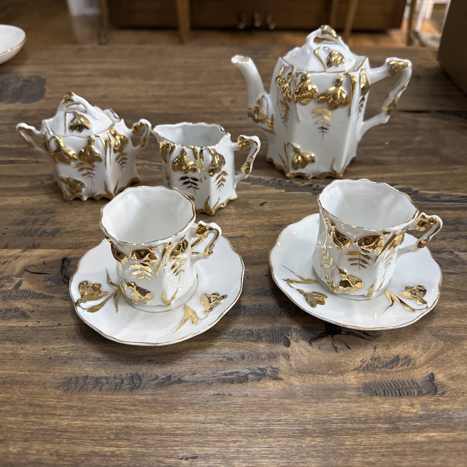 19th Century French Miniature Porcelain Tea Set Gilded Foliage Cabaret Service