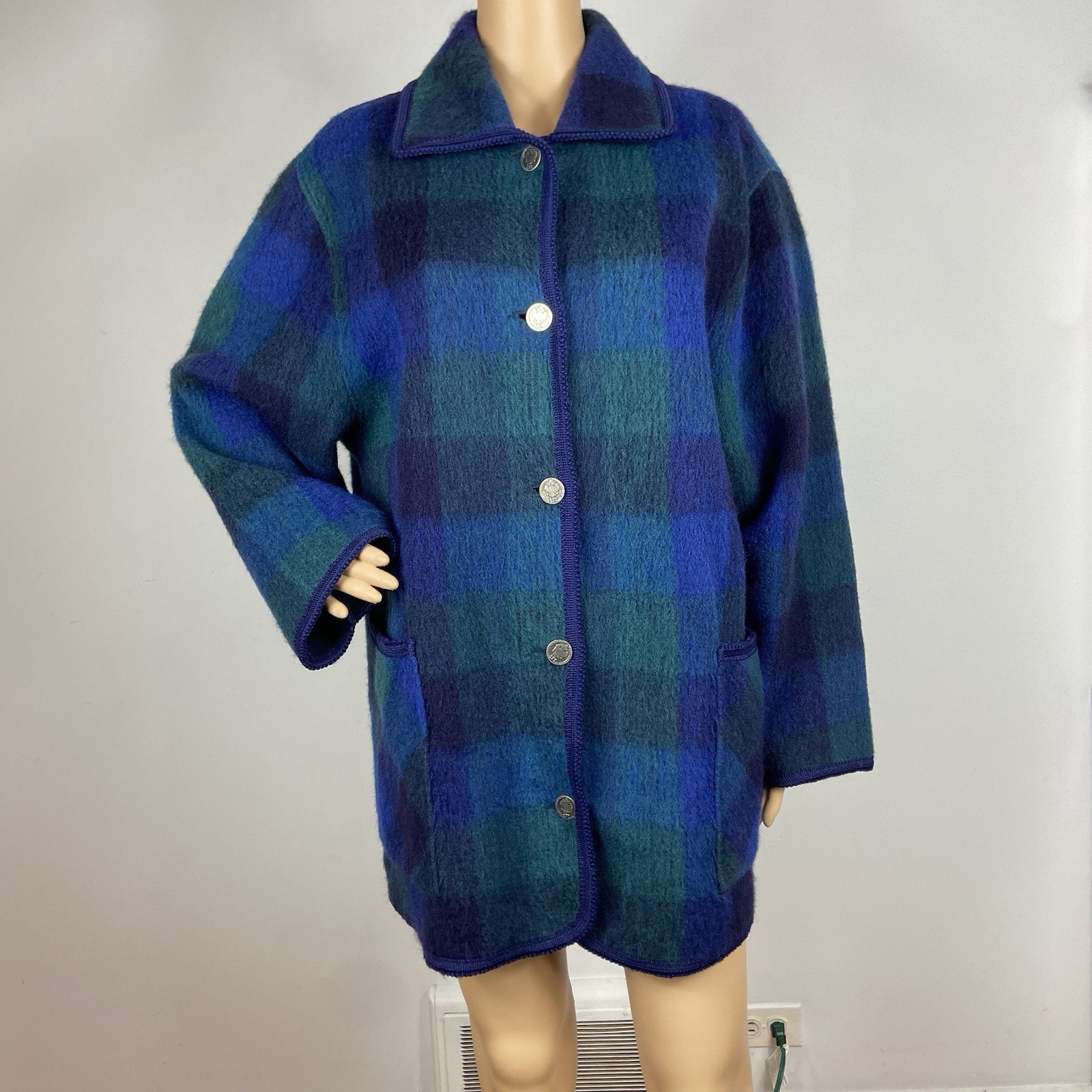 Vtg 60s ? Marbore France Pyrenees Wool Cotton Coat US XL FR 46 Plaid Fuzzy Barn