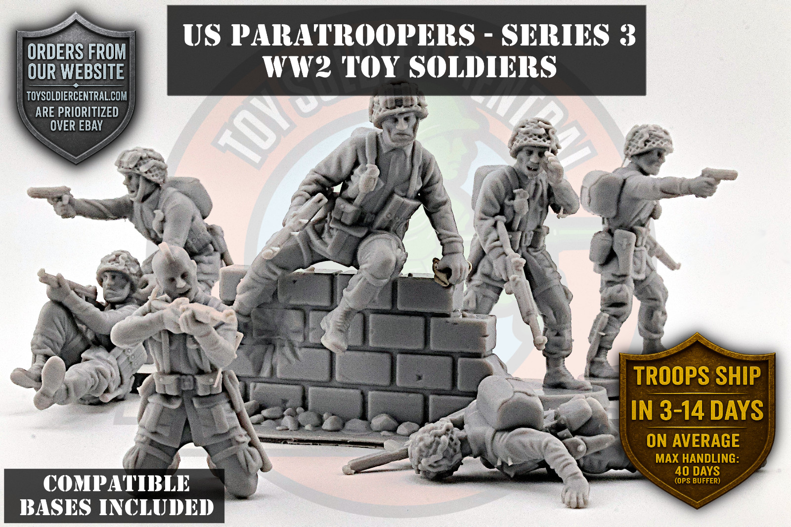 World War 2 Toy Soldiers - USA Paratroopers Airborne - 54mm - Series 3  W/ Bases