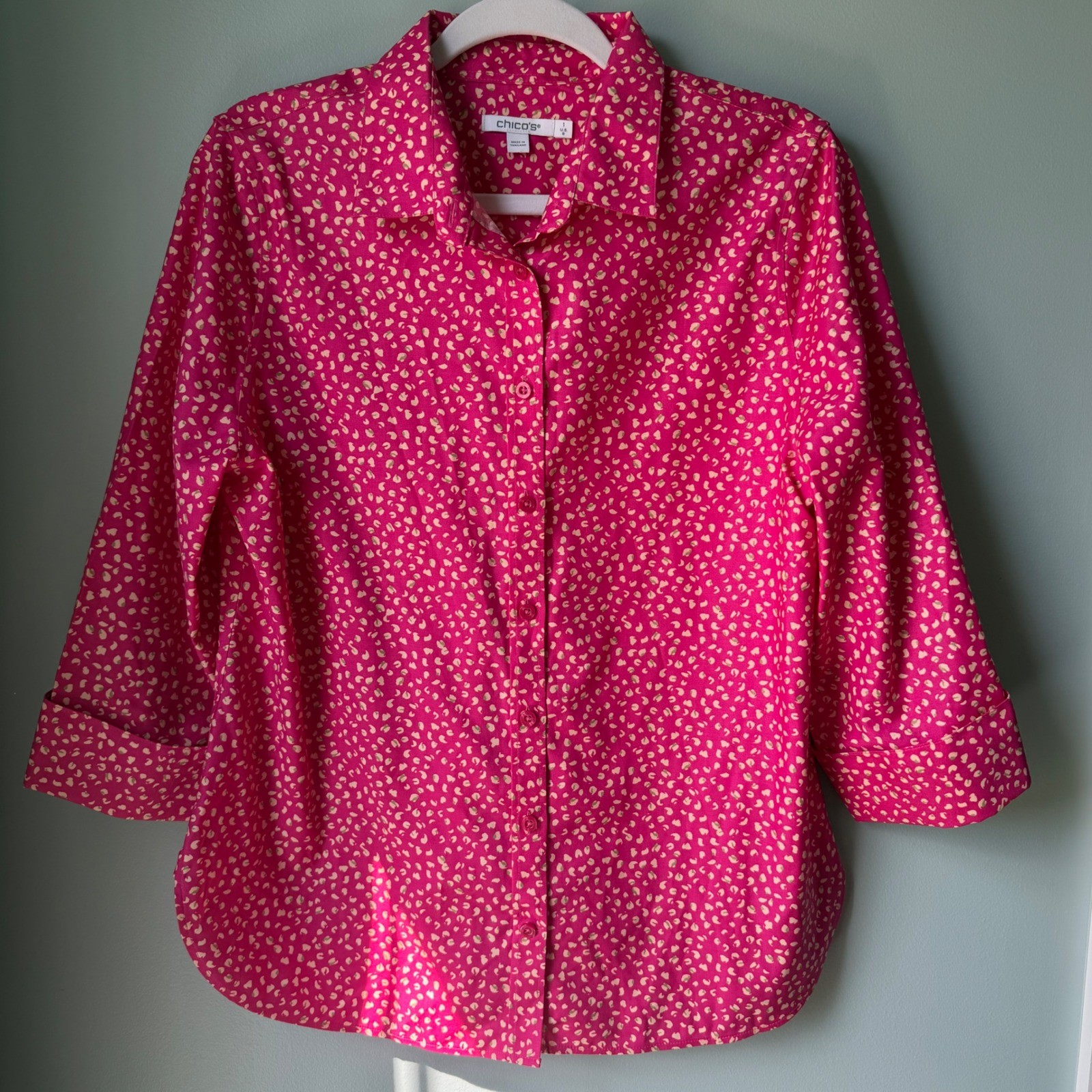 Chico\'s Fushia Pink Abstract Floral Print Button Down Shirt Cotton Size 1 (8)
