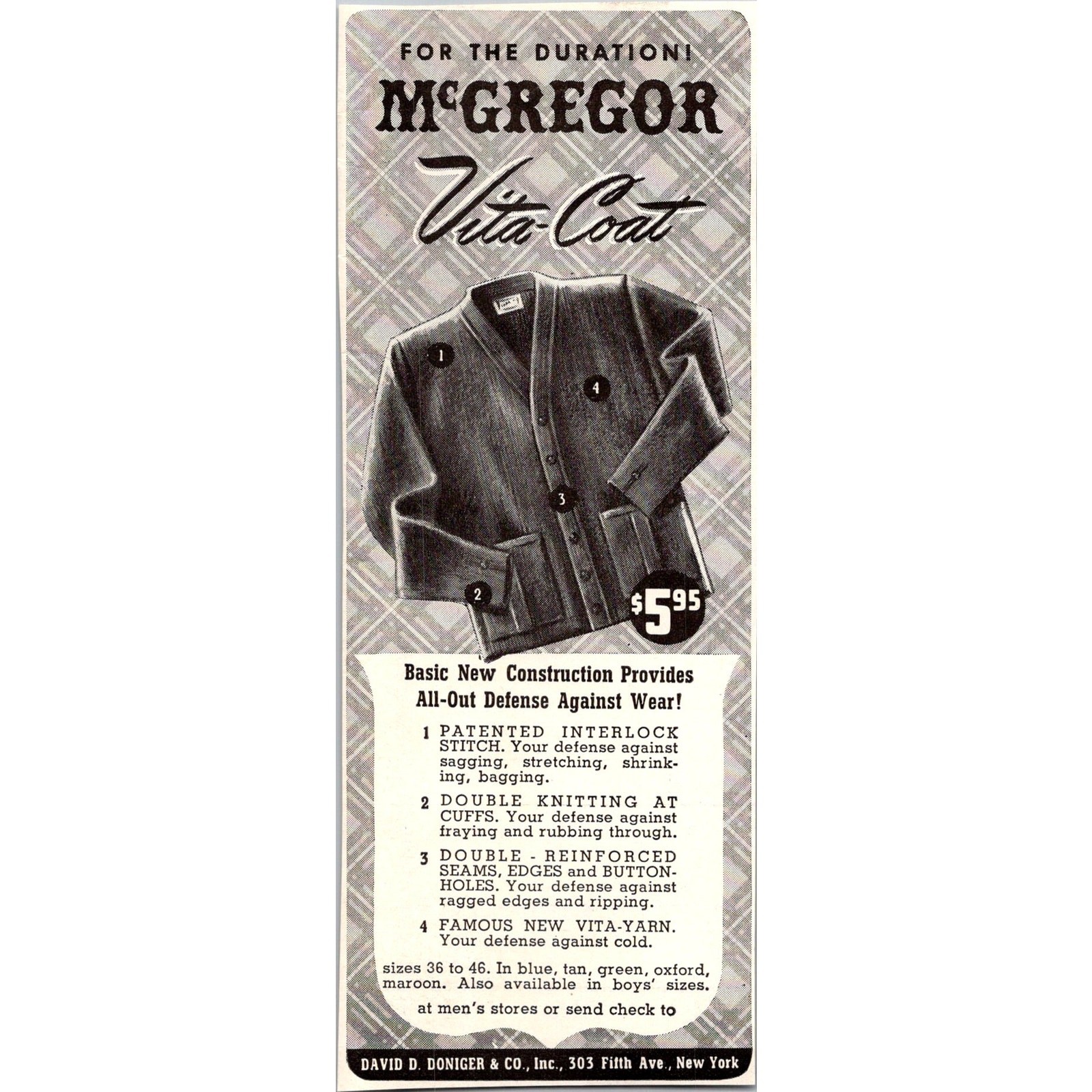 David D. Doniger & Co. Inc. McGregor Vita-Coat New York 1940s WWII Era Ad SAH7-6 David D. Doniger & Co. Inc. McGregor Vita-Coat New York 1940s WWII Era Ad SAH7-6