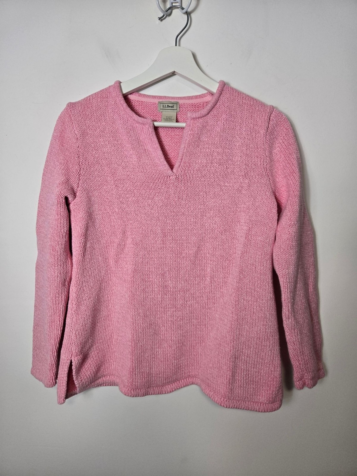 L.L. Bean Women\'s Size S Petite Pink 100% Cotton Split V-Neck Pullover Sweater 