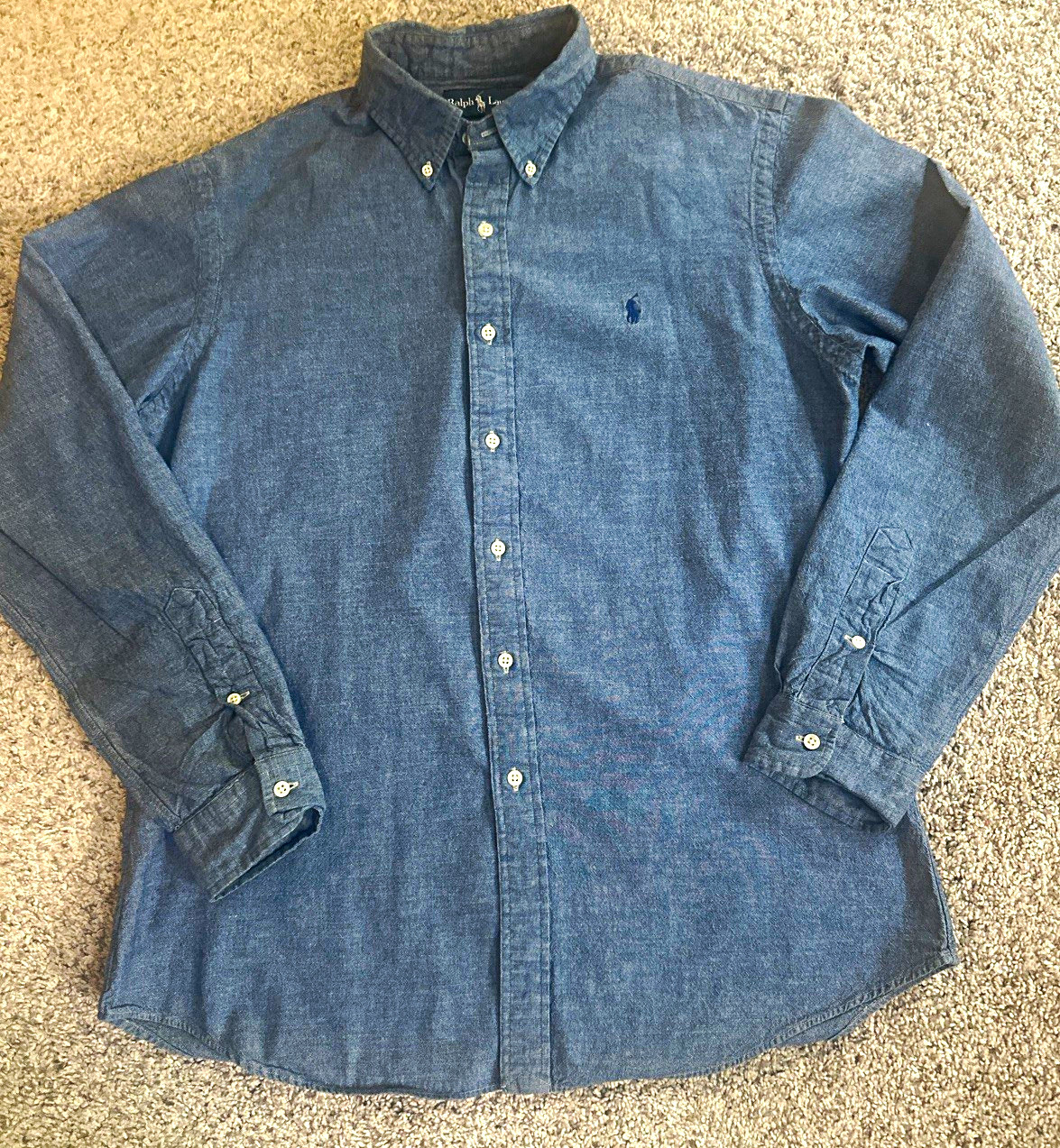 Ralph Lauren Custom Fit Blue Chambray Long Sleeve Button-Down Shirt Men\'s L Ralph Lauren Custom Fit Blue Chambray Long Sleeve Button-Down Shirt Men\'s L