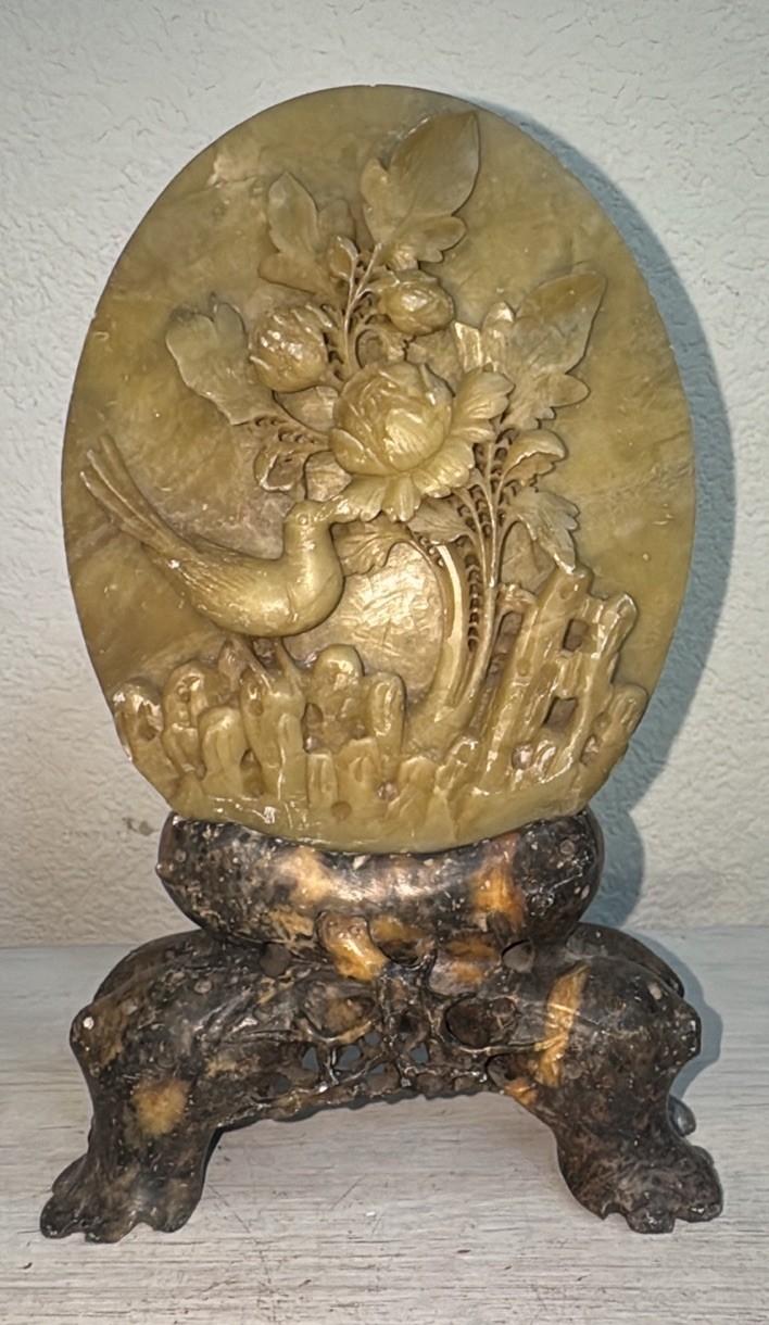Vintage Antique Chinese Sculpture Soapstone Flower and Bird Plaque with Stand Vintage Antique Chinese Sculpture Soapstone Flower and Bird Plaque with Stand