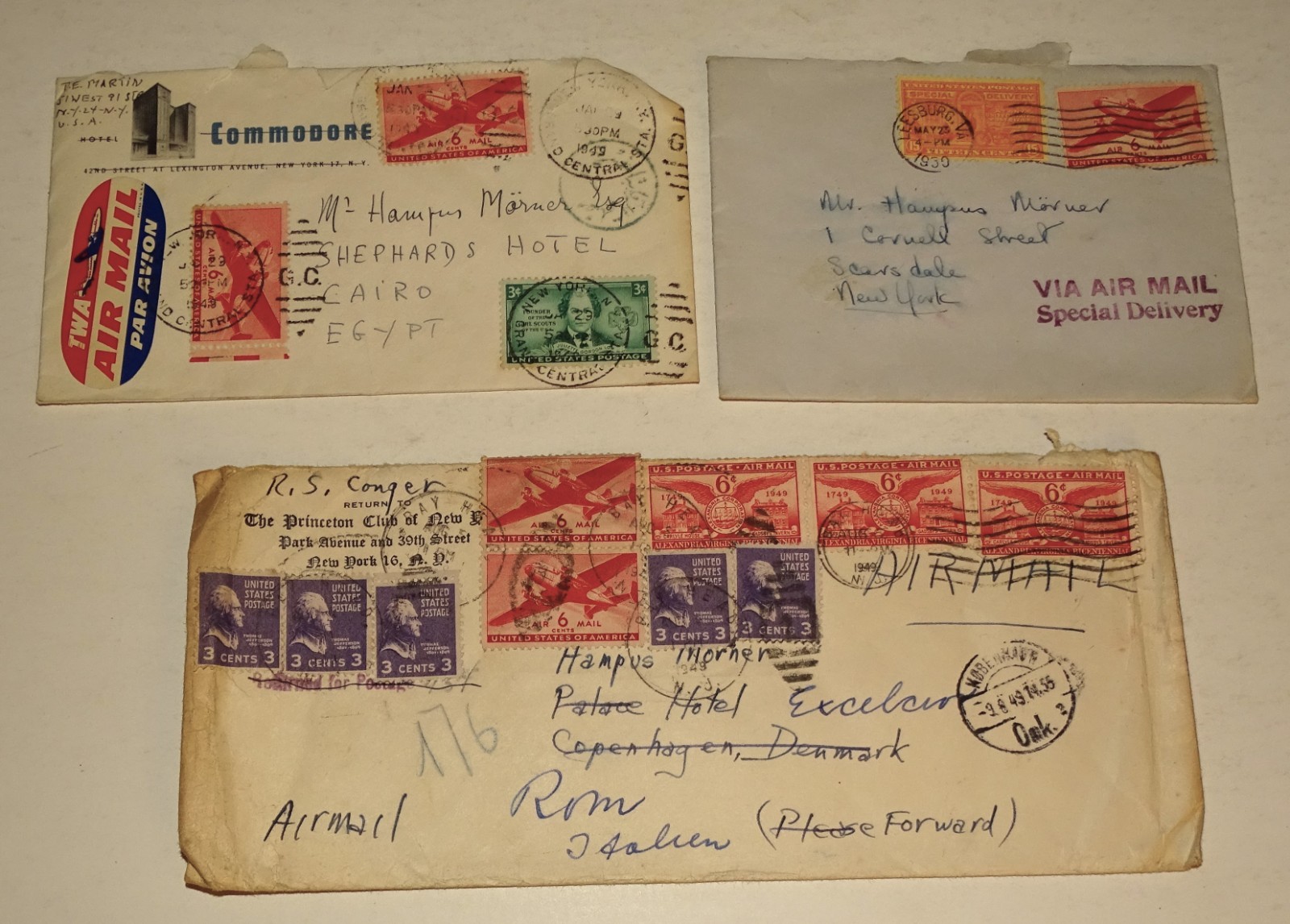 3 Vintage 1940s Air Mail Covers Hampus Morner Shepheards Hotel Cairo New York