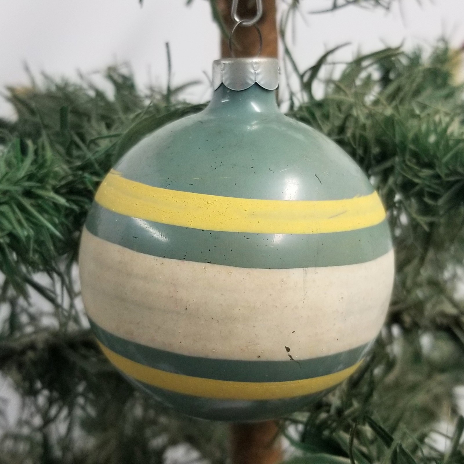 Vtg Opaque Unsilvered  Blue w/ Yellow & White Stripes Glass Cmas Ornament USA
