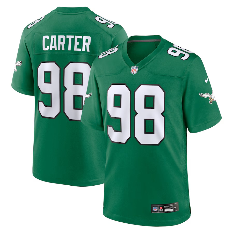 Men\'s #98 Jalen Carter Kelly Green Alternate Game Jersey Stitched Men\'s #98 Jalen Carter Kelly Green Alternate Game Jersey Stitched