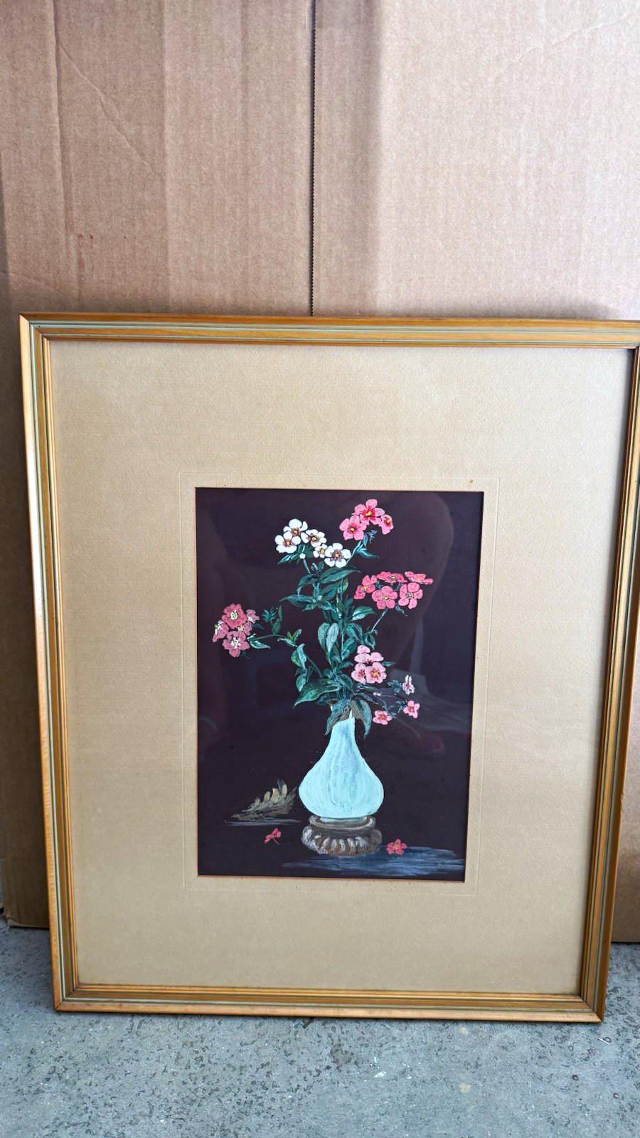 Vintage Chinese Oriental Floral Vase Oil Painting with Gold Frame