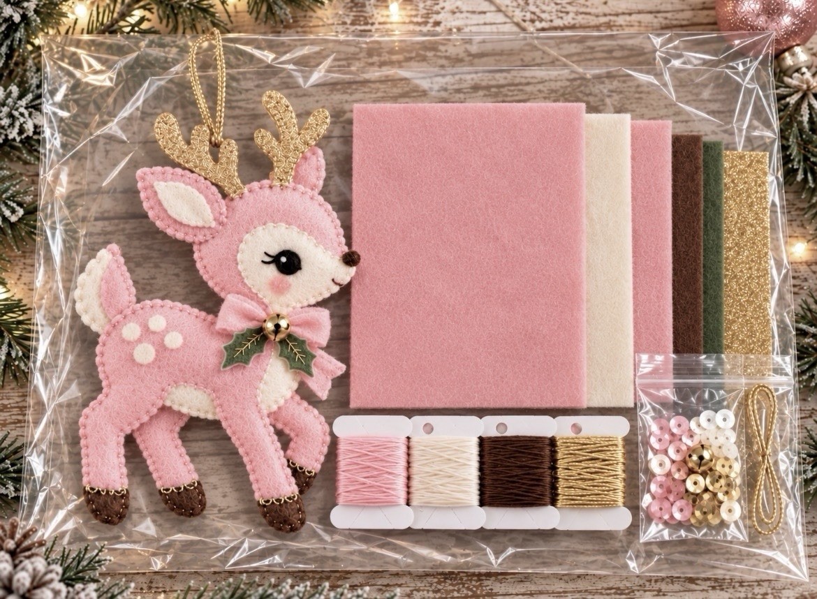 DIY Rosey Reindeer Retro Christmas  Embroidered & Sequin Felt Ornament KIT NEW