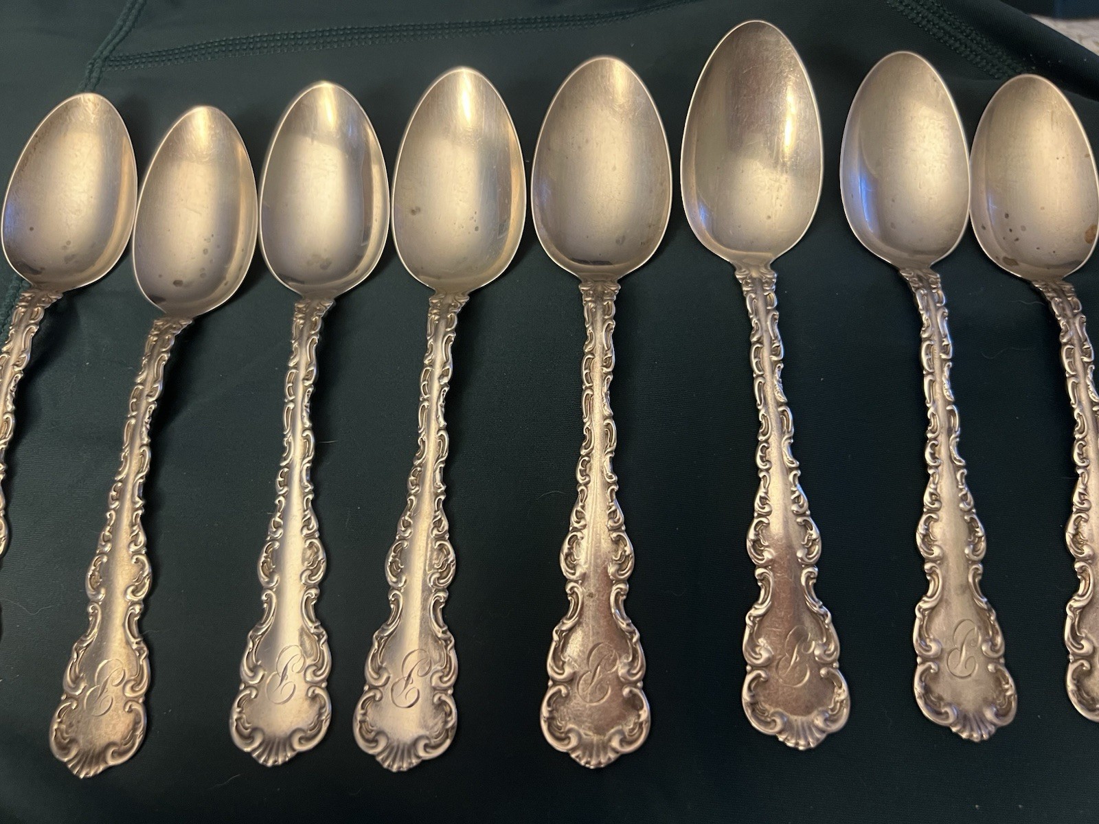 Antique 1891 Whiting Louis XV Sterling Silver Teaspoons Set of 8 Monogram Antique 1891 Whiting Louis XV Sterling Silver Teaspoons Set of 8 Monogram