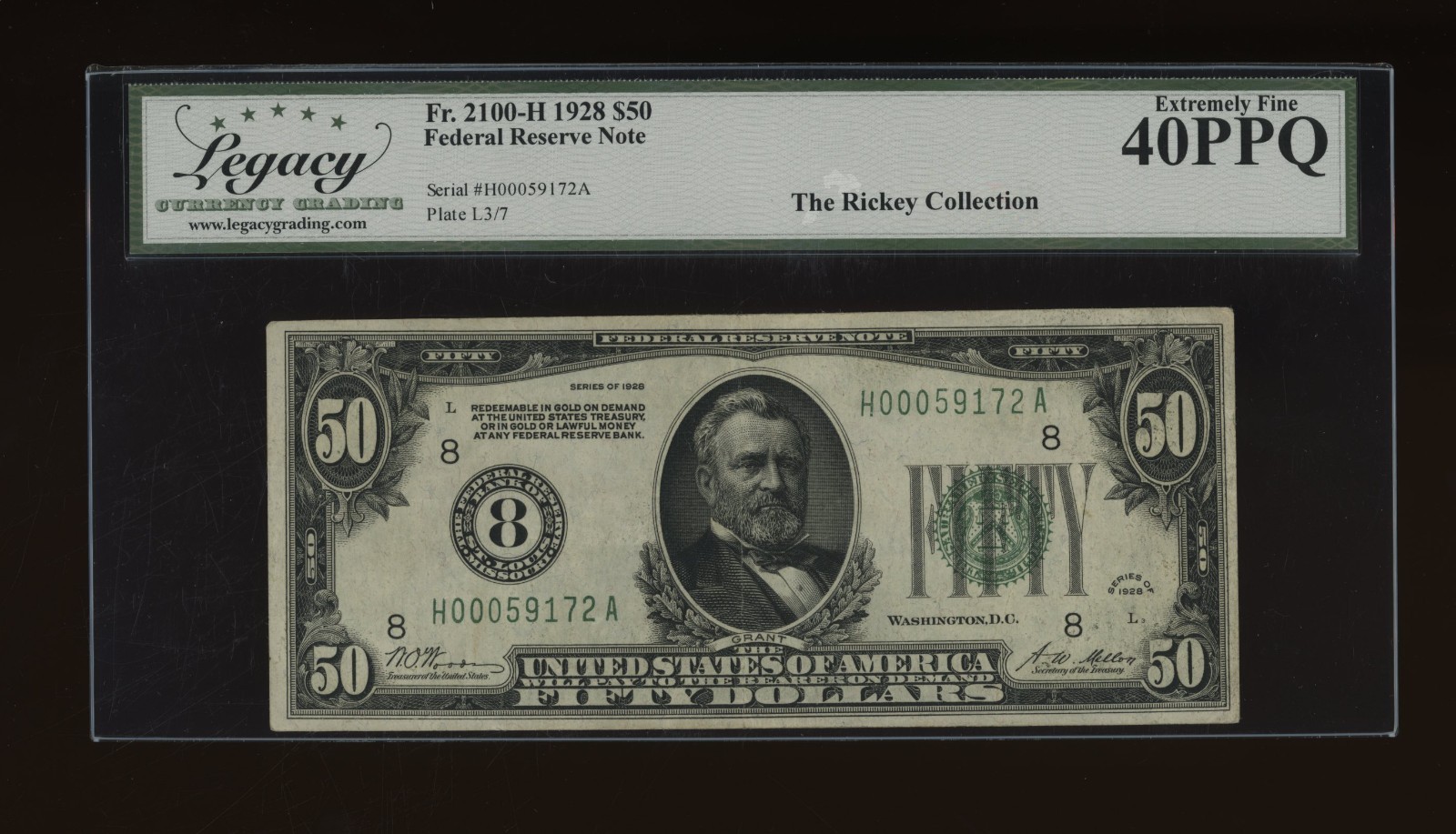 DBR 1928 $50 St. Louis Numeral Fr. 2100-H Legacy XF-40 PPQ Serial H00059172A