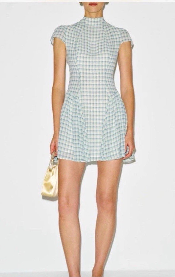 Reformation Maven Mini Dress Zephyr Check Plaid Blue/White Ruffle Lined 2