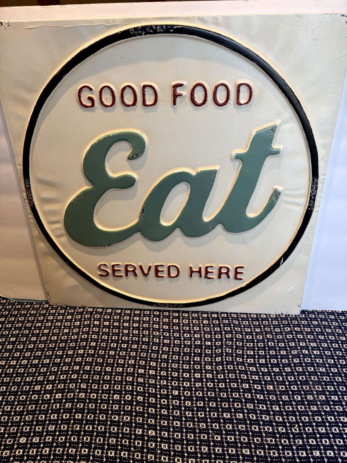 Vintage Heavy Metal Sign “ EAT- Good Food Served Here” 19 X 19 - Embossed Sign Vintage Heavy Metal Sign “ EAT- Good Food Served Here” 19 X 19 - Embossed Sign