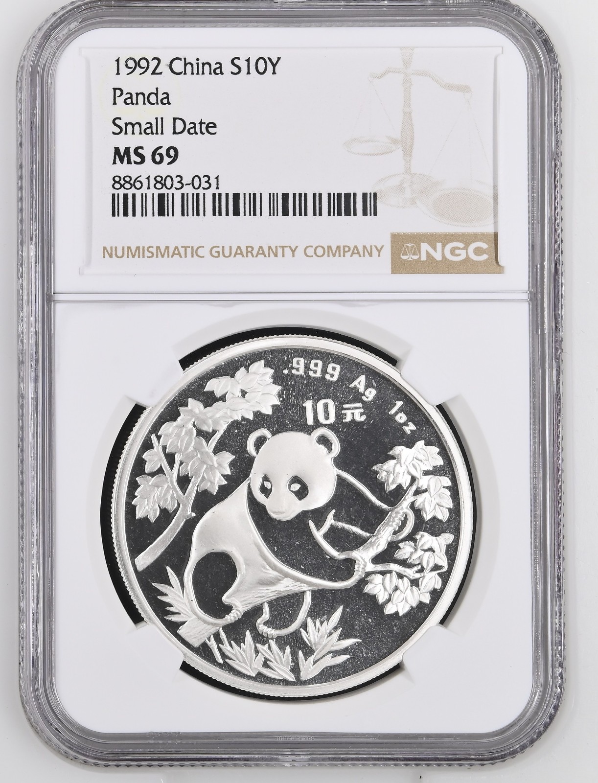 China 1992 1 Oz 999 Silver Panda 10 Yuan Coin NGC MS69 GEM BU+ Small Date