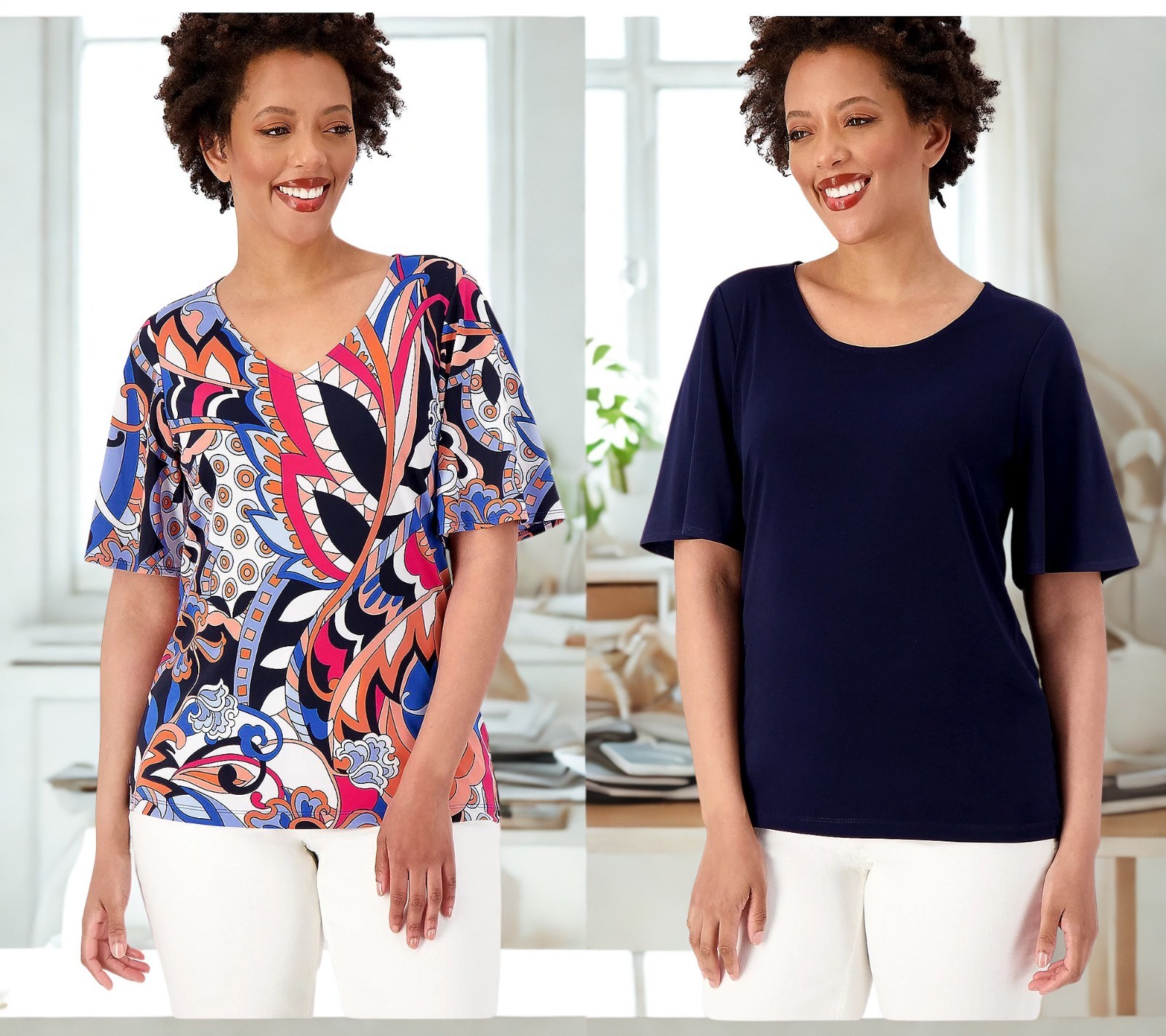 Susan Graver Set of Two Print & Solid Liquid Knit Tops AMERICANA/NAVY Size XL Susan Graver Set of Two Print & Solid Liquid Knit Tops AMERICANA/NAVY Size XL
