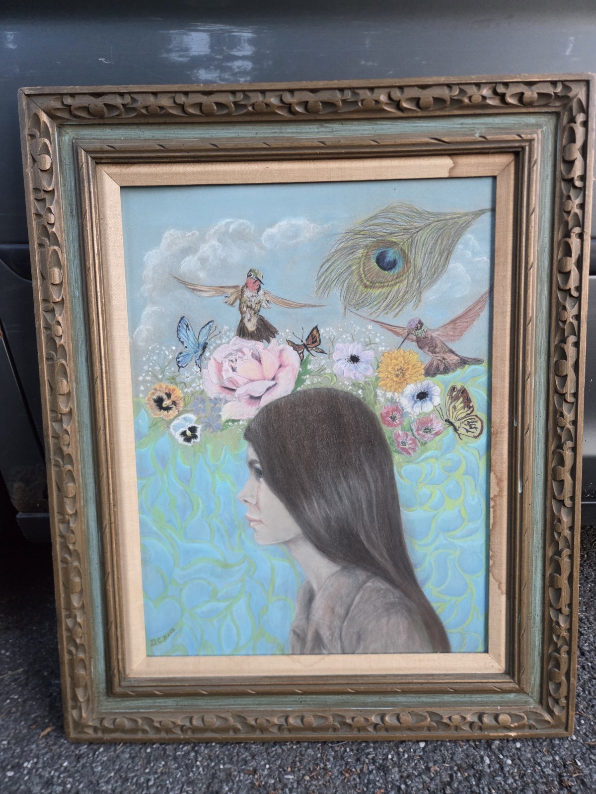 Vintage 1960s Original Flower Girl W/ Hummingbirds Art Drawing