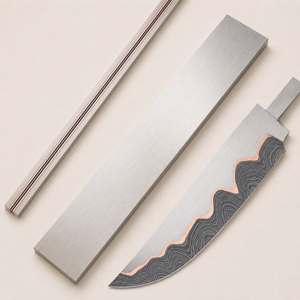 Copper Damascus San Mai Bar | High Carbon Core Billet for Knife Making | Handmad