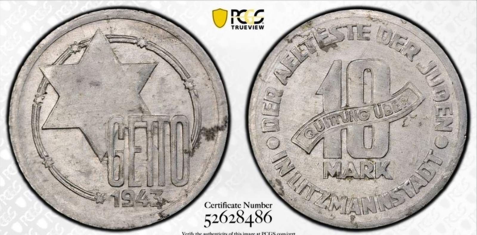 1943 WWII Lodz Ghetto Aluminum 10 Mark PCGS AU 58 1943 WWII Lodz Ghetto Aluminum 10 Mark PCGS AU 58