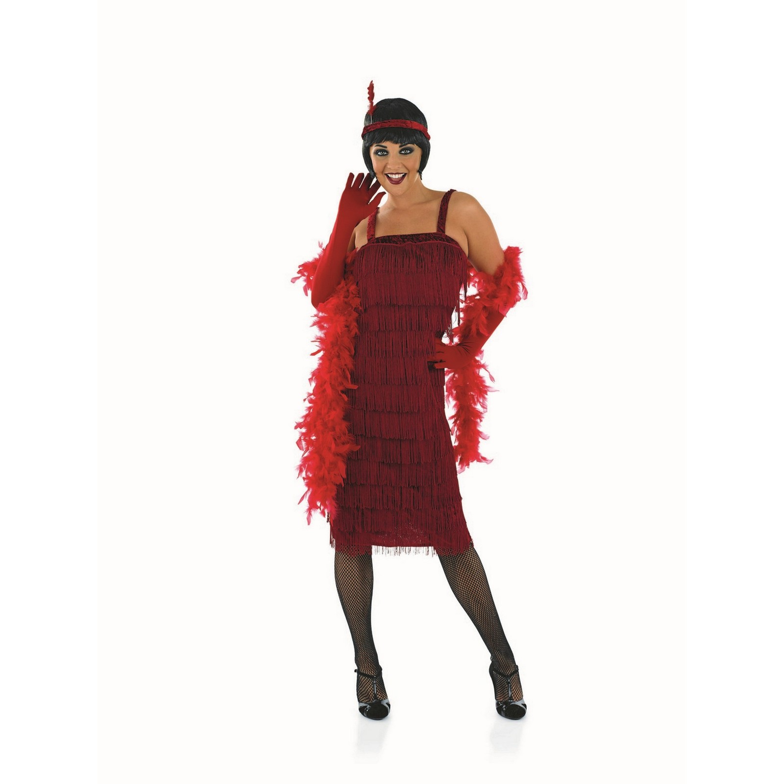 SALE Womens Fringed Red Flapper Dress + Gloves 1920 Charleston Costume S-3XL