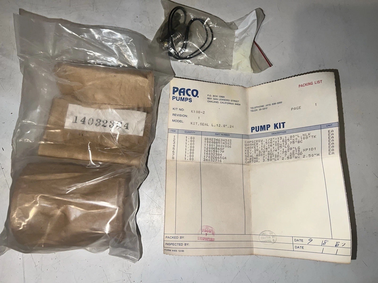PACO Pumps K108-2 Seal Kit L 12.0” 24 Mechanical Seal Gasket O-Ring NOS Rebuild