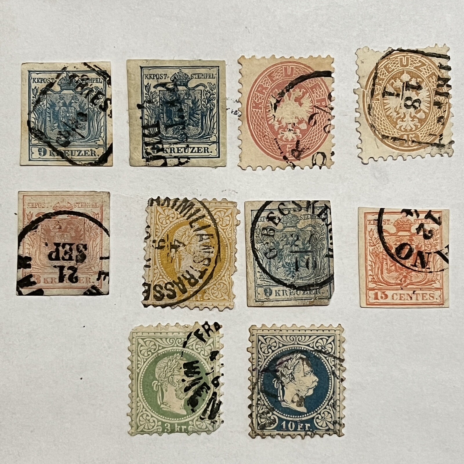 GREAT SELECTION OF 1800\'s AUSTRIA STAMPS, LOT INCLUDES 10 DIFFERENT STAMPS