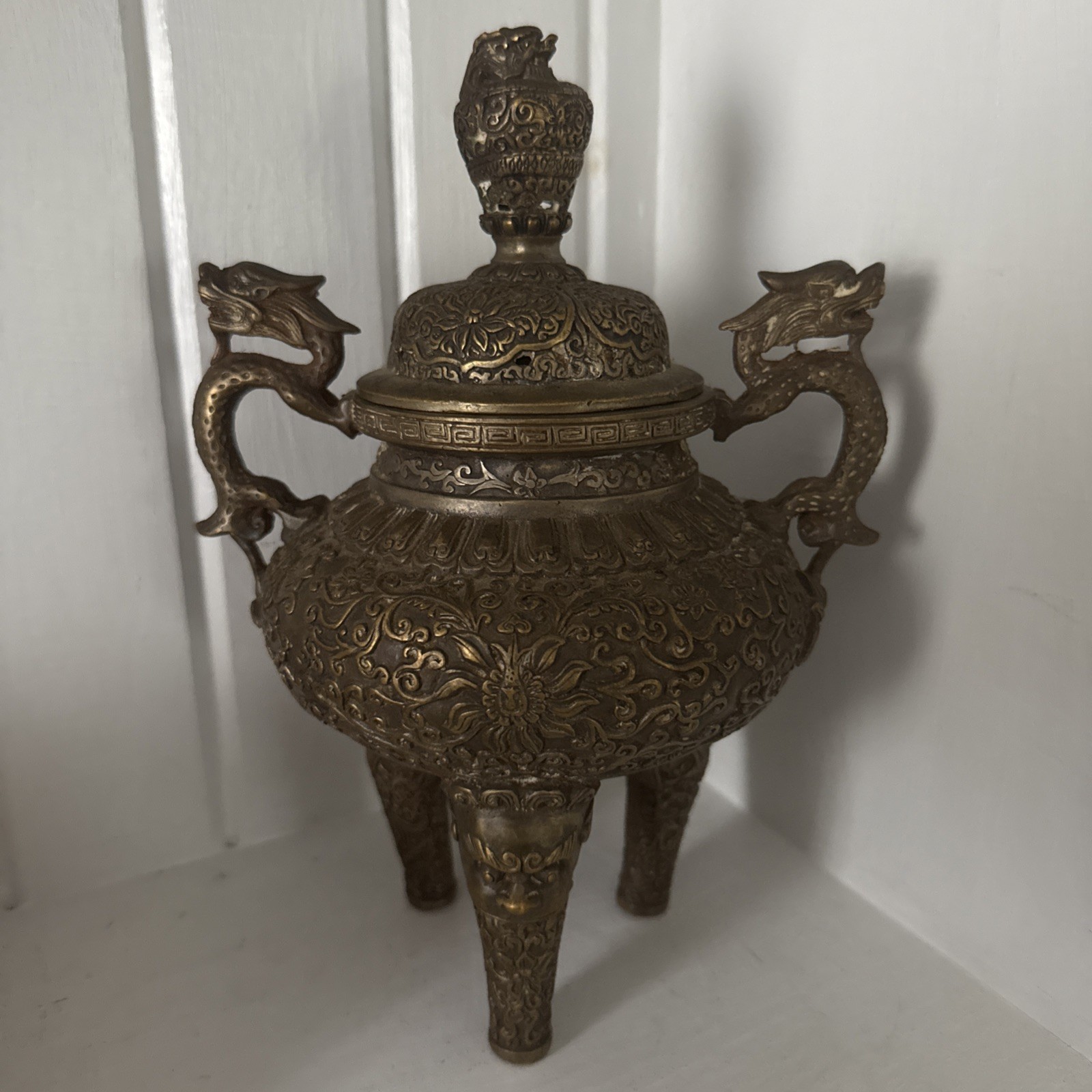 Vintage Chinese Style Bronze Brass Tripod Censer, Dragon Handles, Seal Mark, 9”