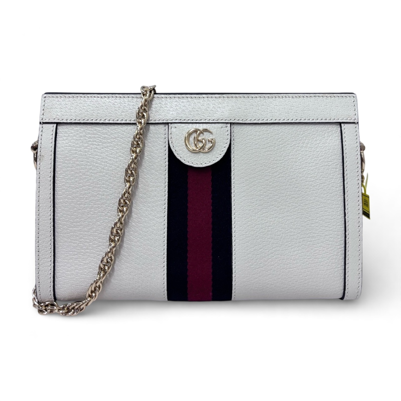 Pre-Owne Gucci Ophidia Small White Pebbled Leather Web Stripe Chain Shoulder Bag Pre-Owne Gucci Ophidia Small White Pebbled Leather Web Stripe Chain Shoulder Bag