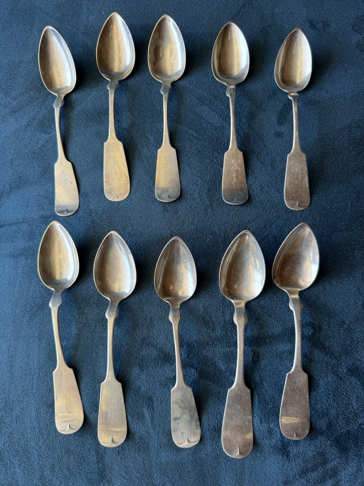 Antique H.W. Preston Coin Silver Spoons Lot of 10 Engraved 169g Early American