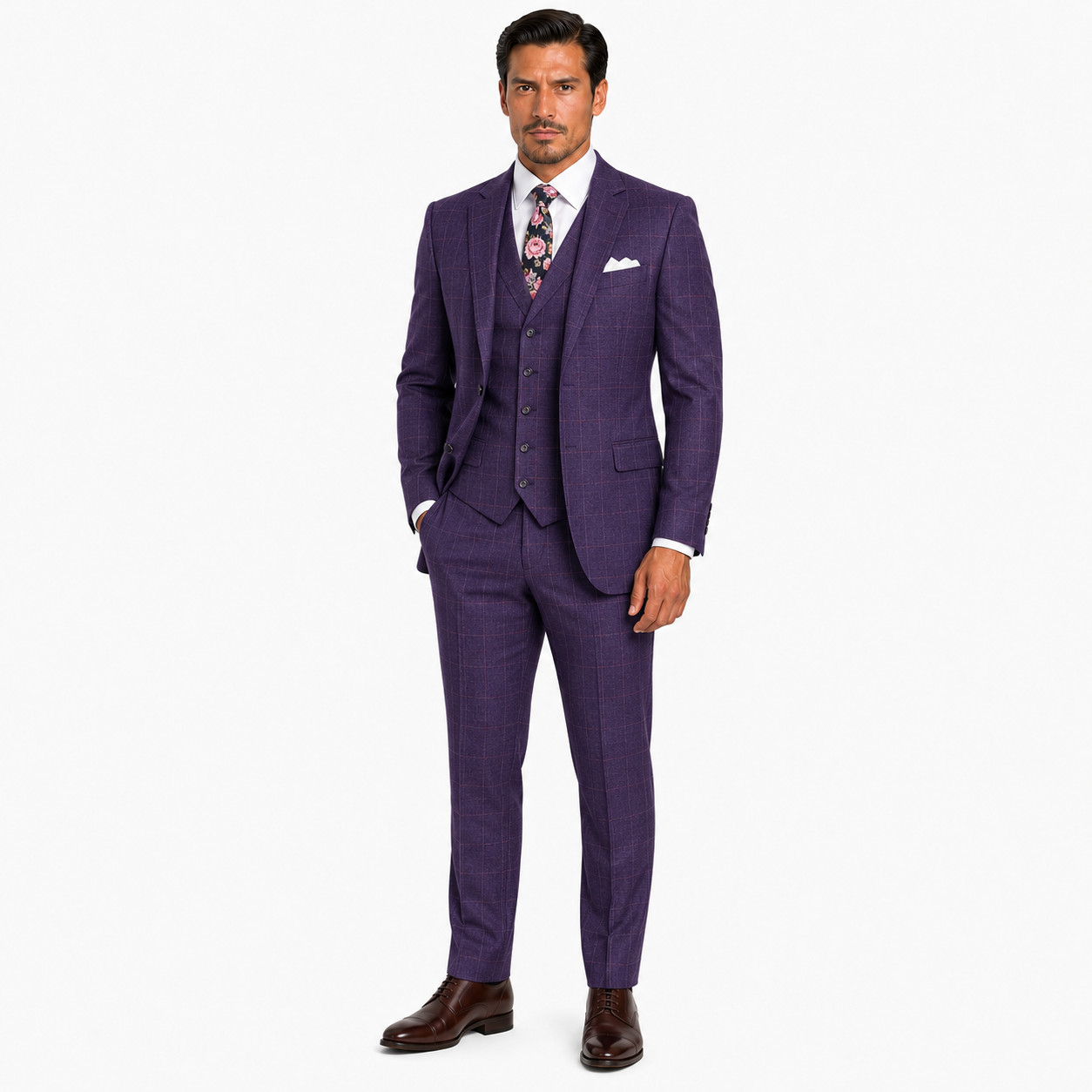 Vinci Men Regular Fit Glen Plaid 2 Button 3 Piece Suit NEW